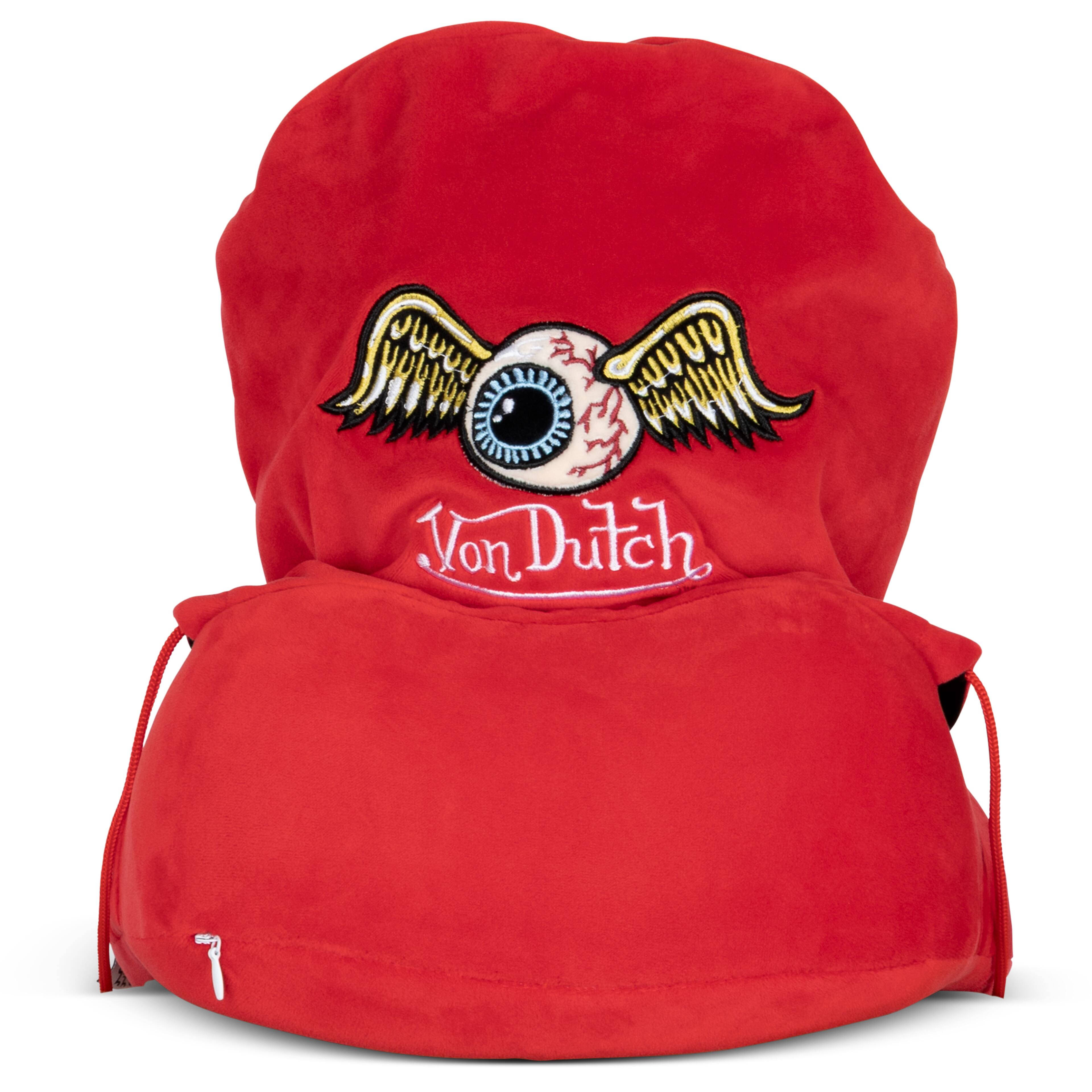 Left. Von Dutch - Von Dutch Red Eyeconic Hooded Ergonomic Memory Foam Travel Neck Pillow - Red.