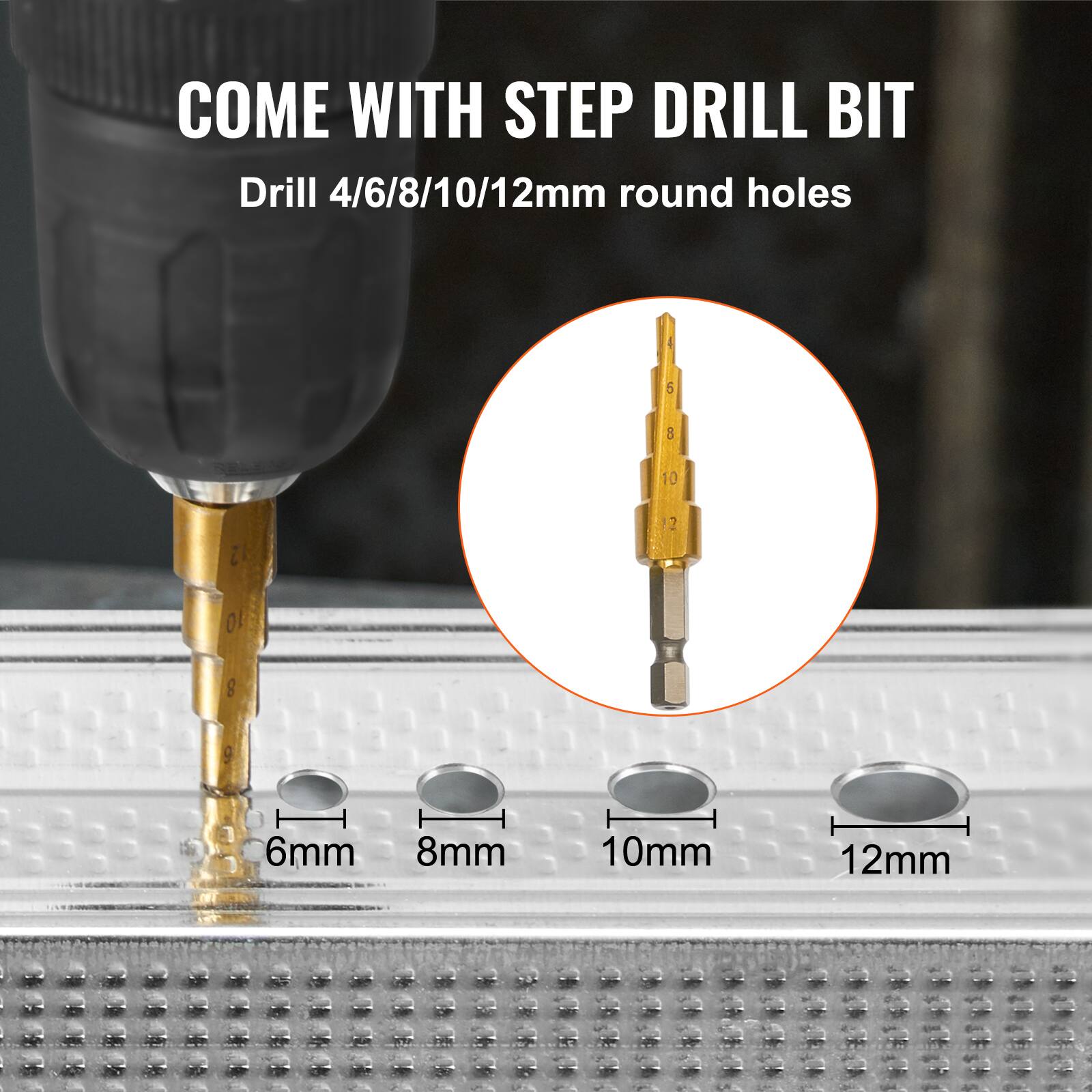COME WITH STEP DRILL BIT  
Drill 4/6/8/10/12mm round holes  

6mm  
8mm  
10mm  
12mm