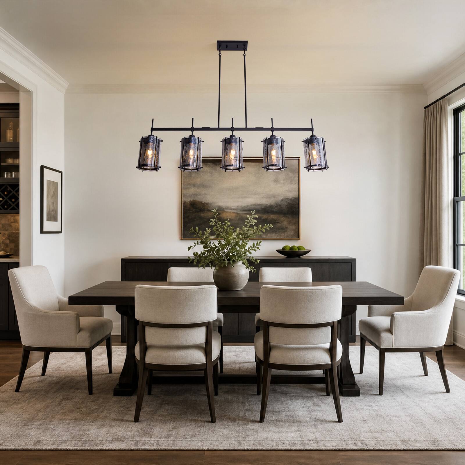 Left. Siljoy - 52 In Modern Black 5 Light Smoke Glass Linear Pendant Light Adjustable Rod for Dining Room Kitchen Island Foyer - Black.