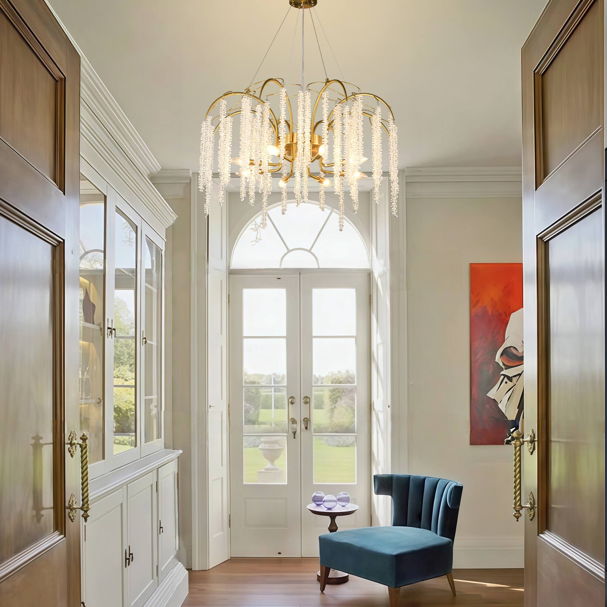 Back. RYHNUYNE - 31.5in Tassel Crystal Tree Branch Chandelier Gold Modern Pendant Light with 8 Lights Adjustable Height for High Ceiling.