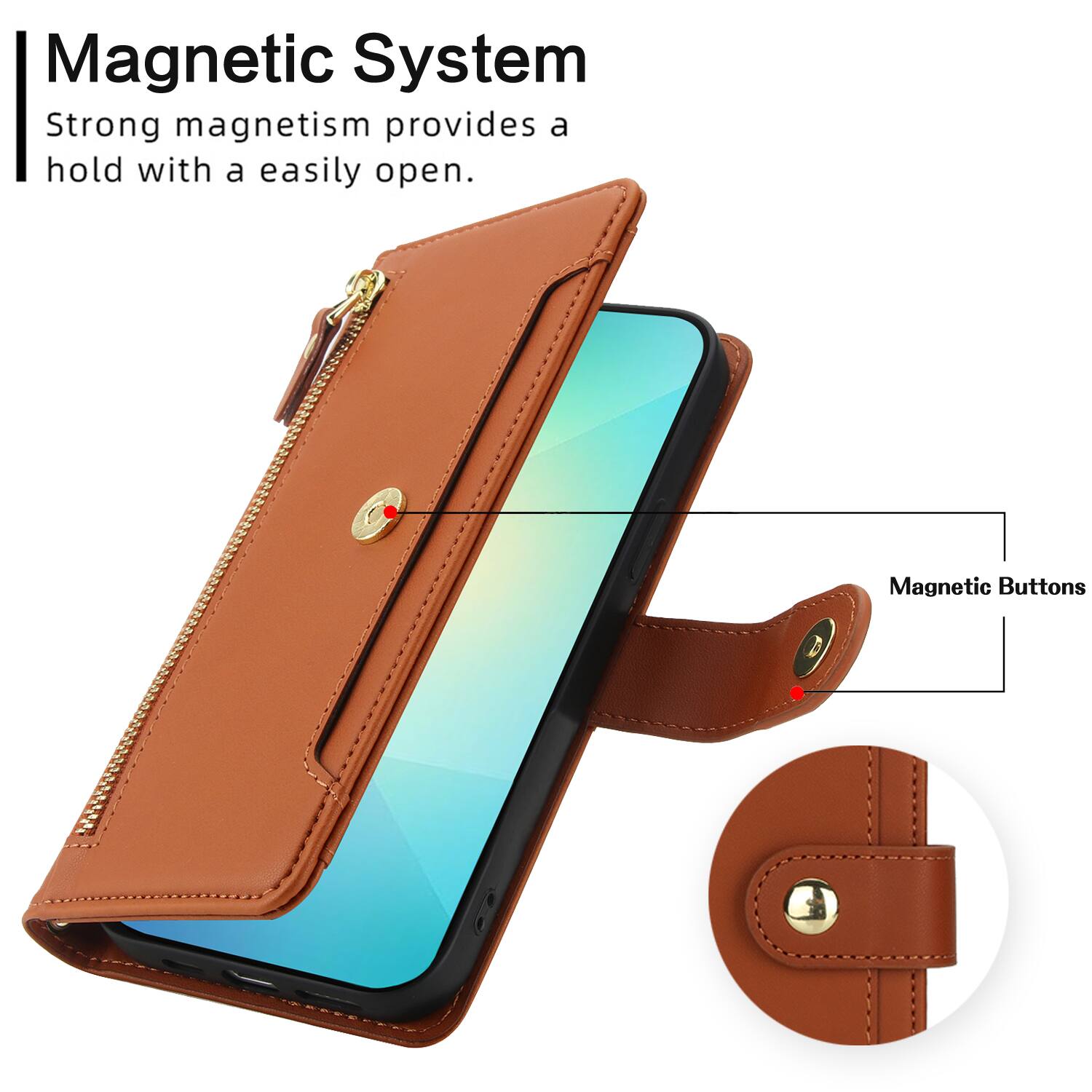Magnetic System  
Strong magnetism provides a hold with a easily open.  
Magnetic Buttons