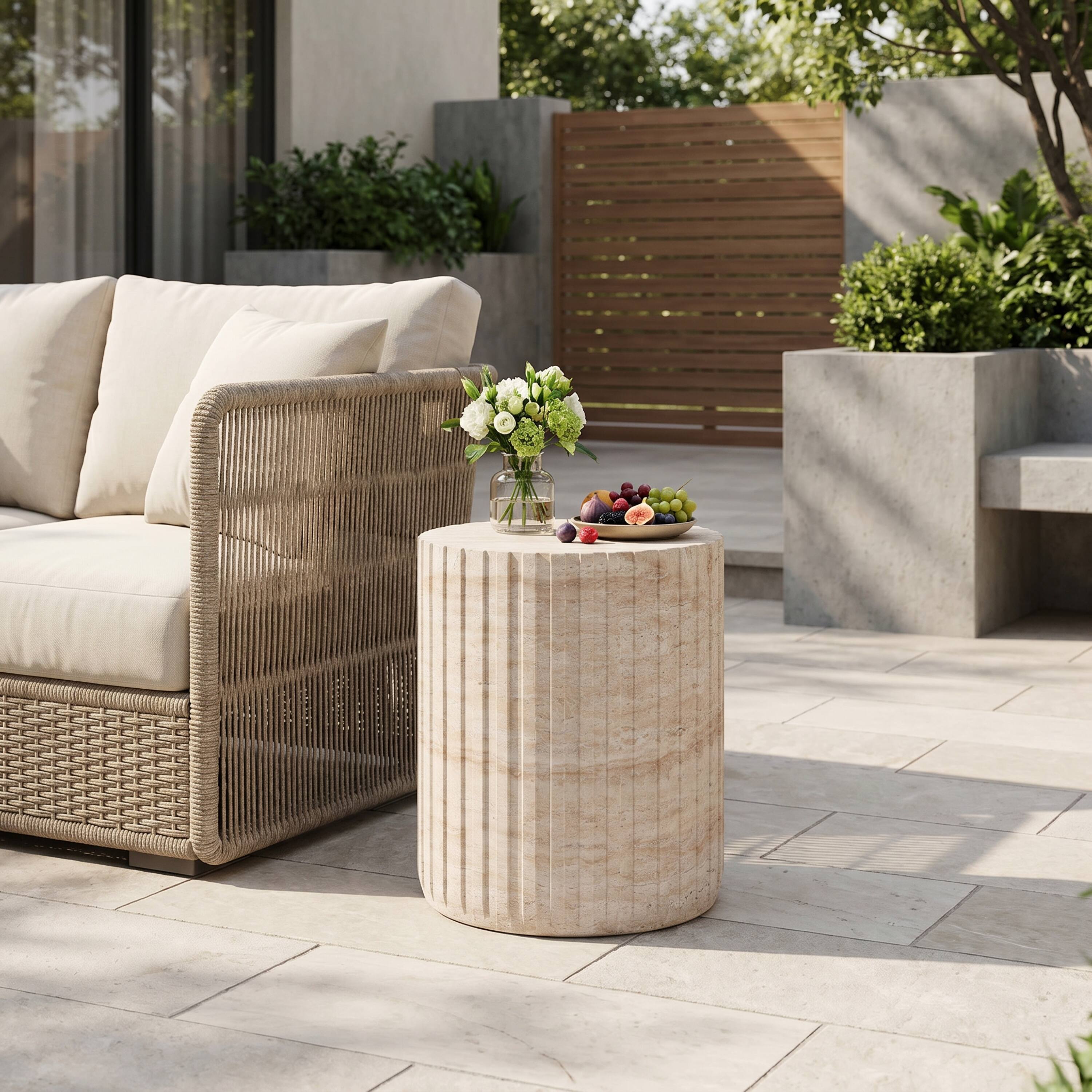 Angle. Whisen - Lightweight Concrete Outdoor and Indoor Patio Side Table, Travertine Finish Round Accent - Beige.