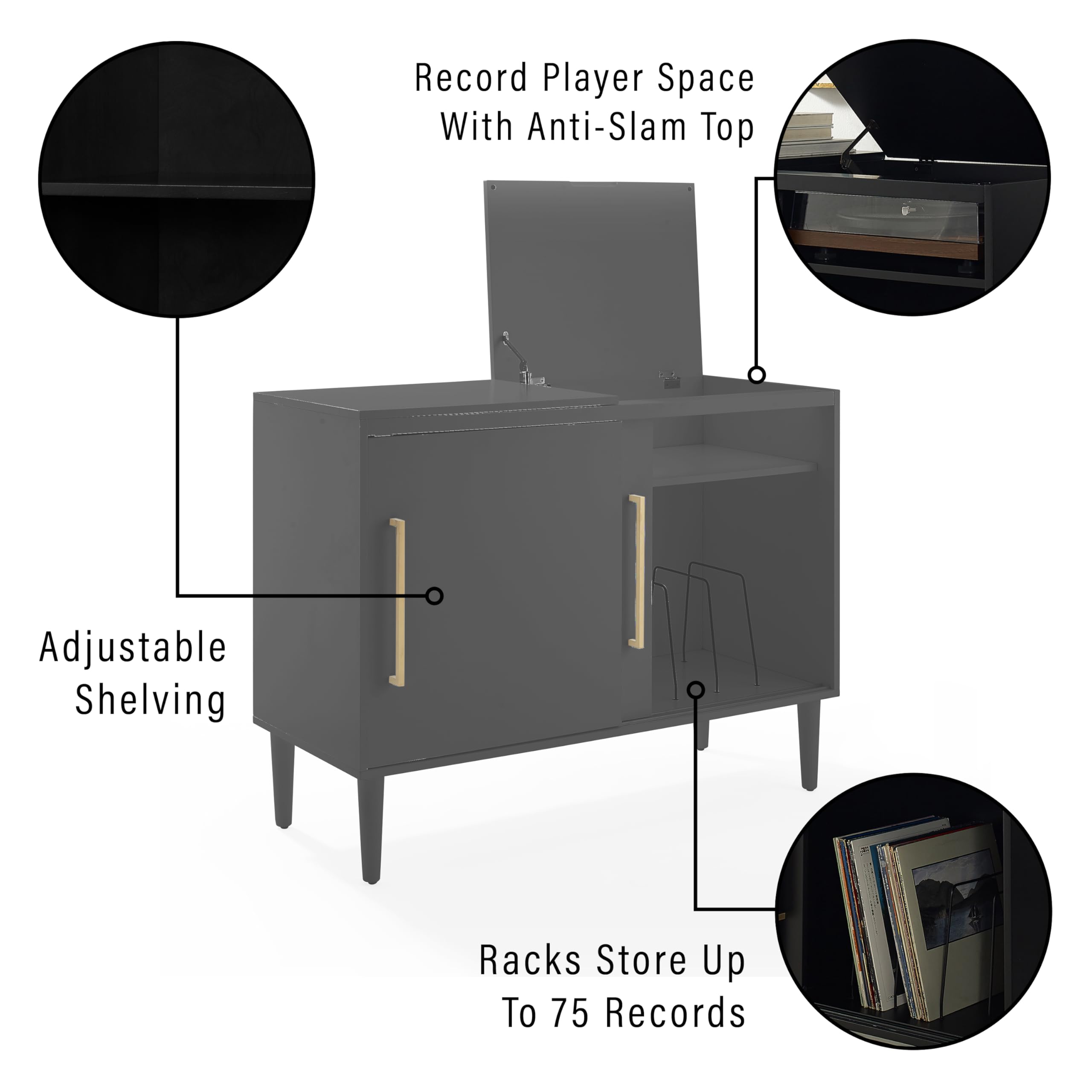 Record Player Space With Anti-Slam Top Adjustable Shelving Racks Store Up To 75 Records