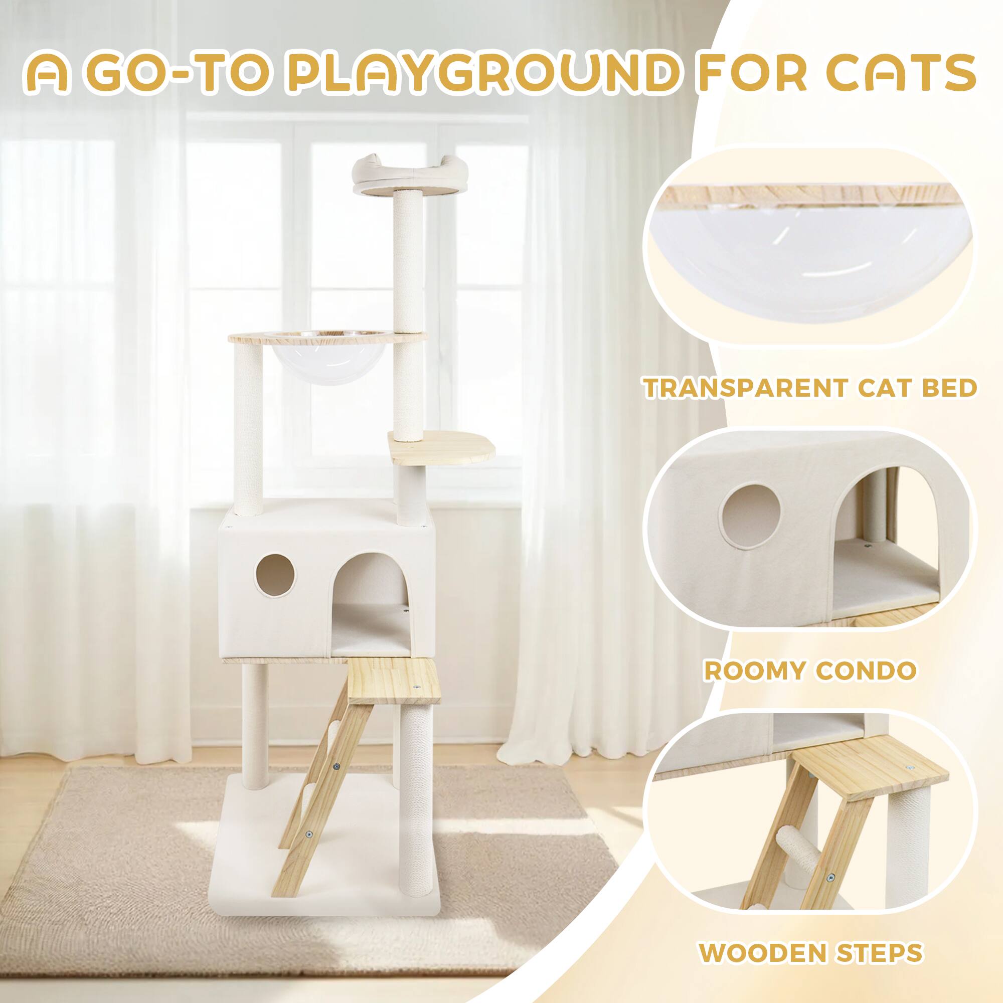 A GO-TO PLAYGROUND FOR CATS

- TRANSPARENT CAT BED
- ROOMY CONDO
- WOODEN STEPS