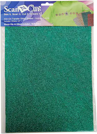 Scan N Cut: See it. Scan it. Cut it. Create it.
Included: Iron-On Transfer Glitter Sheets - Holiday Colors
- 4 Sheets, 8.5" x 11"
- Bonus Clip Art Sheet Included
- $9.99 Value