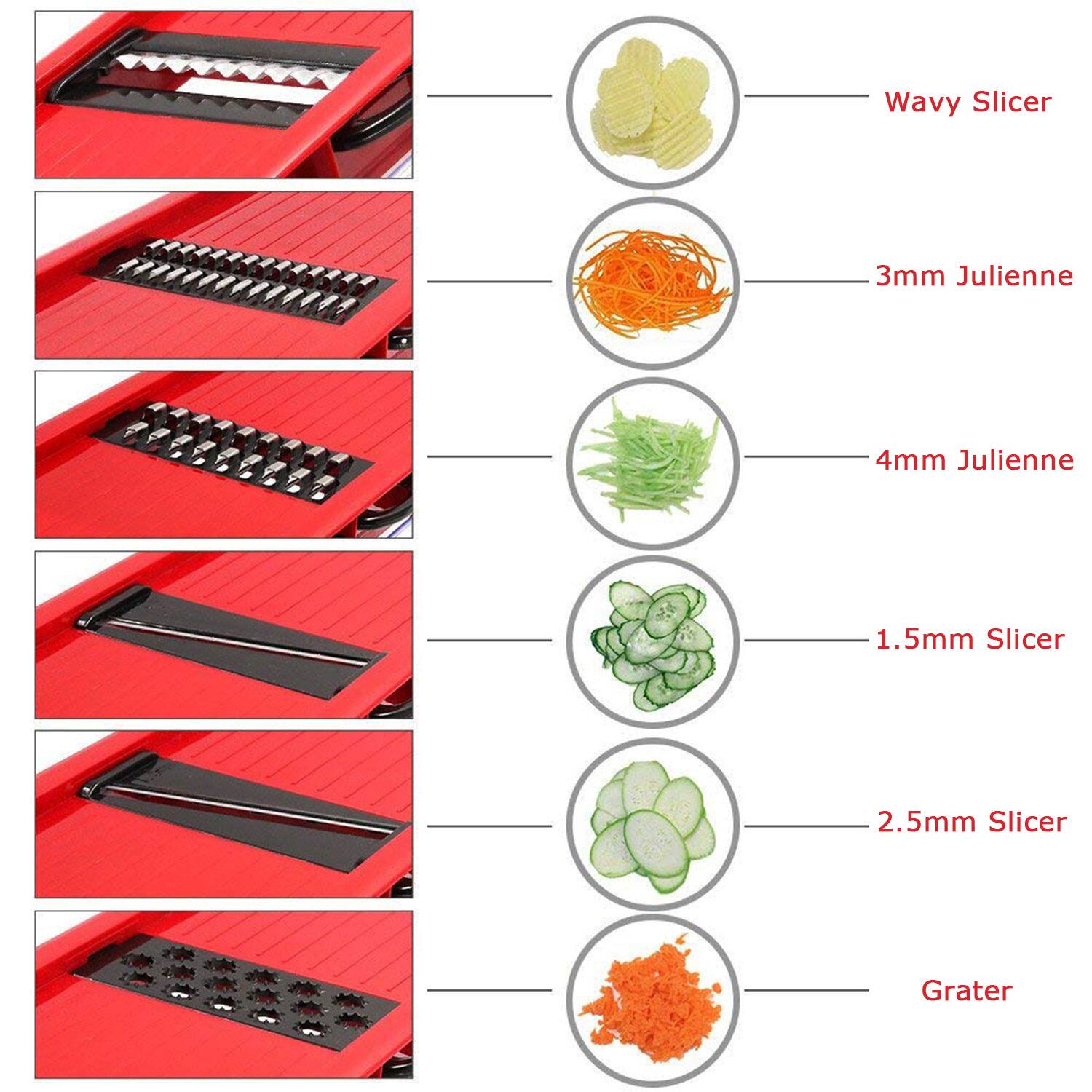 1. Wavy Slicer
2. 3mm Julienne
3. 4mm Julienne
4. 1.5mm Slicer
5. 2.5mm Slicer
6. Grater