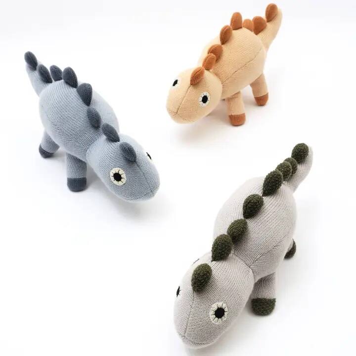 Left. Siljoy - Knitted Stuffed Dinosaur Soft Toy, 35x13cm, Ice Grey, 100% Cotton & Polyester, Unique Spikes - Gray.