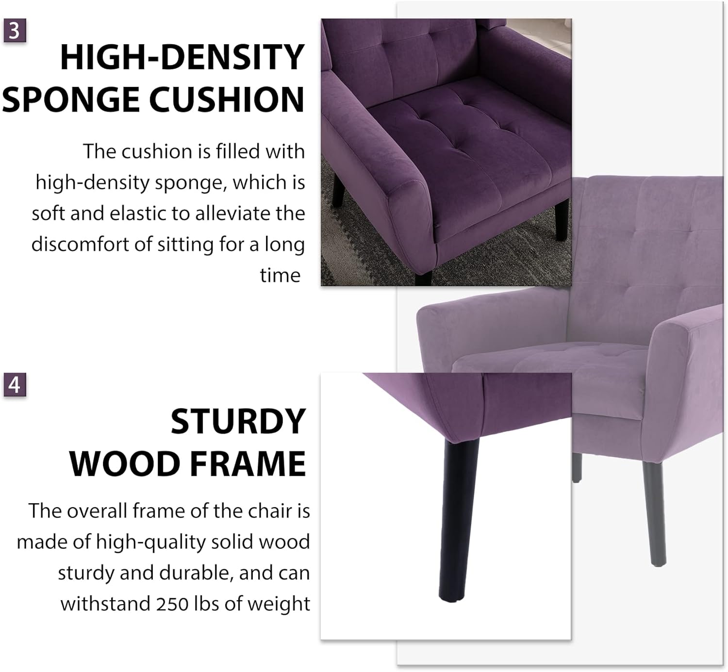 3. HIGH-DENSITY SPONGE CUSHION  
The cushion is filled with high-density sponge, which is soft and elastic to alleviate the discomfort of sitting for a long time.

4. STURDY WOOD FRAME  
The overall frame of the chair is made of high-quality solid wood, sturdy and durable, and can withstand 250 lbs of weight.