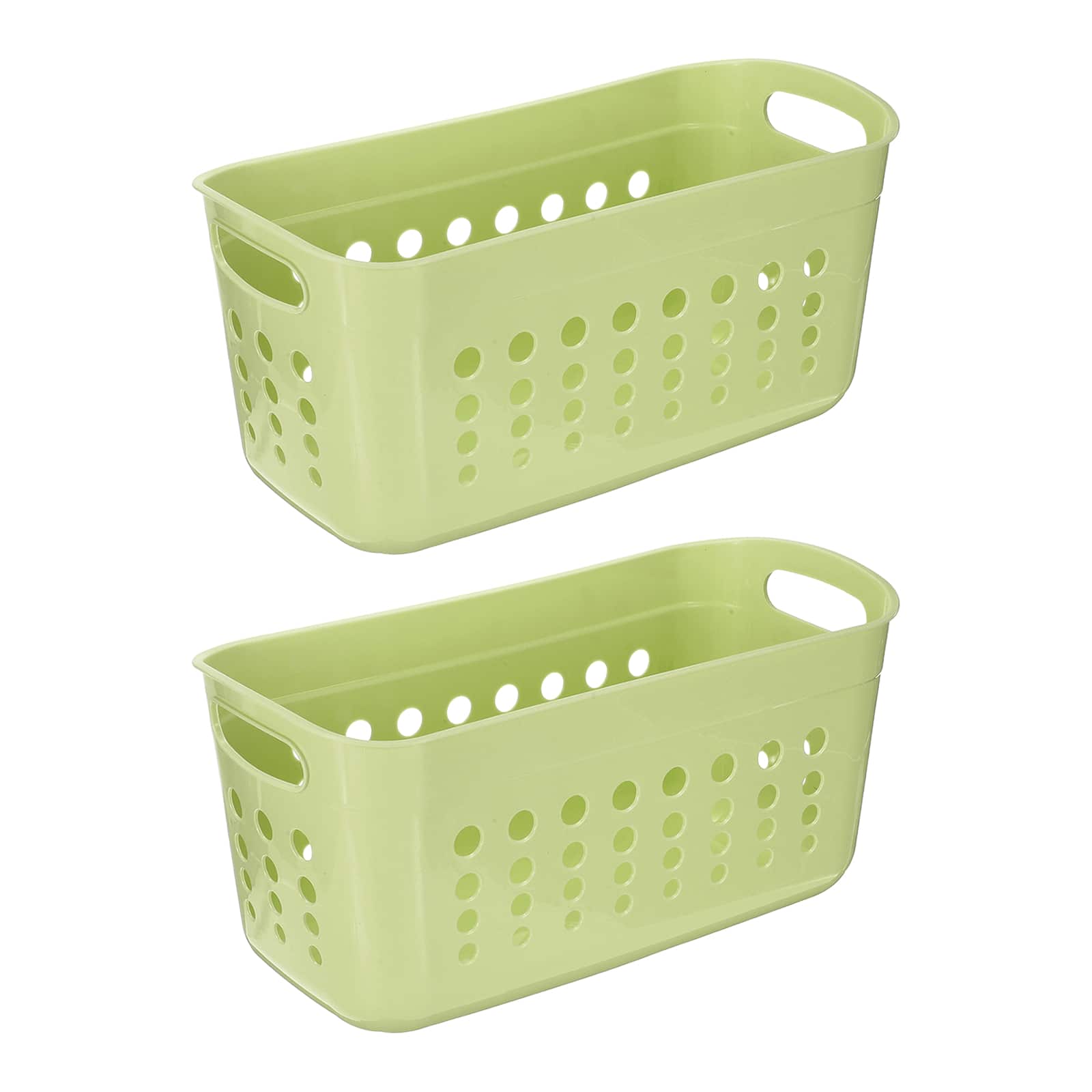 Unique Bargains - 2pcs Pantry Plastic Storage Baskets, 15.55x7.87x7.6", Stackable Organizer with Handle, for Shelves Bathroomss Closet - Green