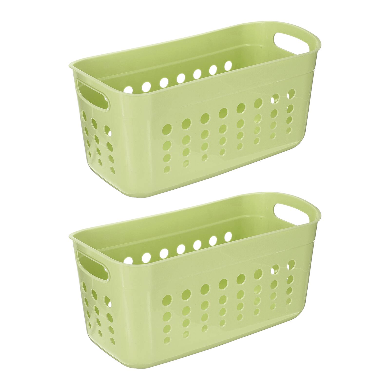 Front. Unique Bargains - 2pcs Pantry Plastic Storage Baskets, 15.55x7.87x7.6", Stackable Organizer with Handle, for Shelves Bathroomss Closet - Green.