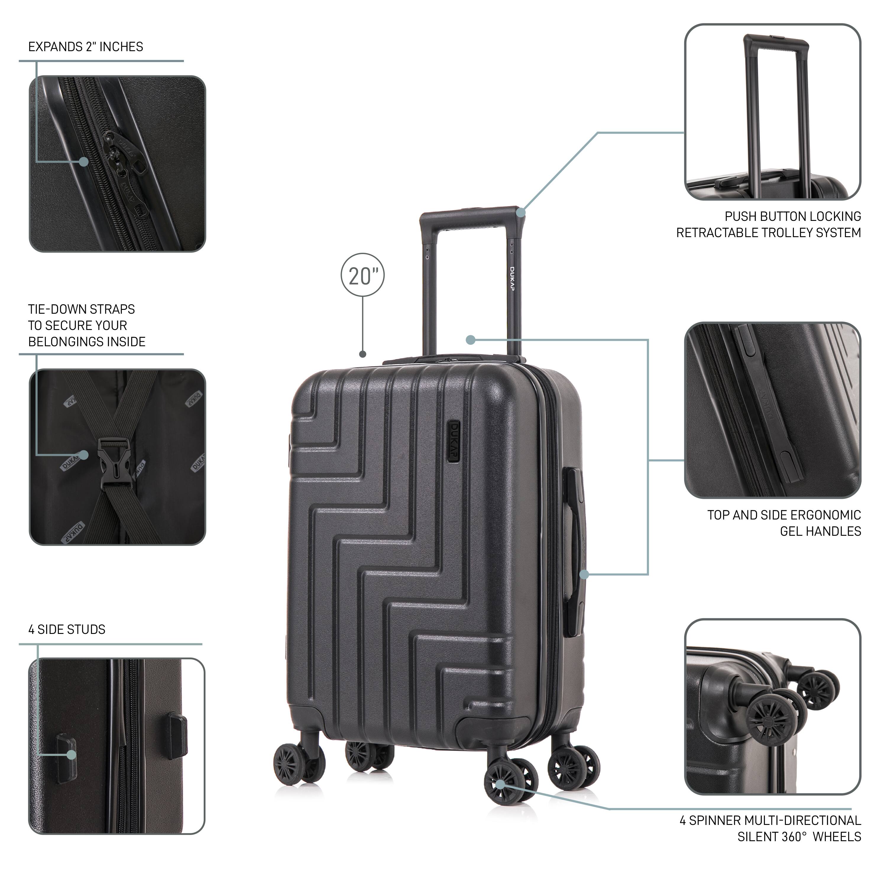 - EXPANDS 2" INCHES
- TIE-DOWN STRAPS TO SECURE YOUR BELONGINGS INSIDE
- 4 SIDE STUDS
- PUSH BUTTON LOCKING RETRACTABLE TROLLEY SYSTEM
- TOP AND SIDE ERGONOMIC GEL HANDLES
- 4 SPINNER MULTI-DIRECTIONAL SILENT 360° WHEELS