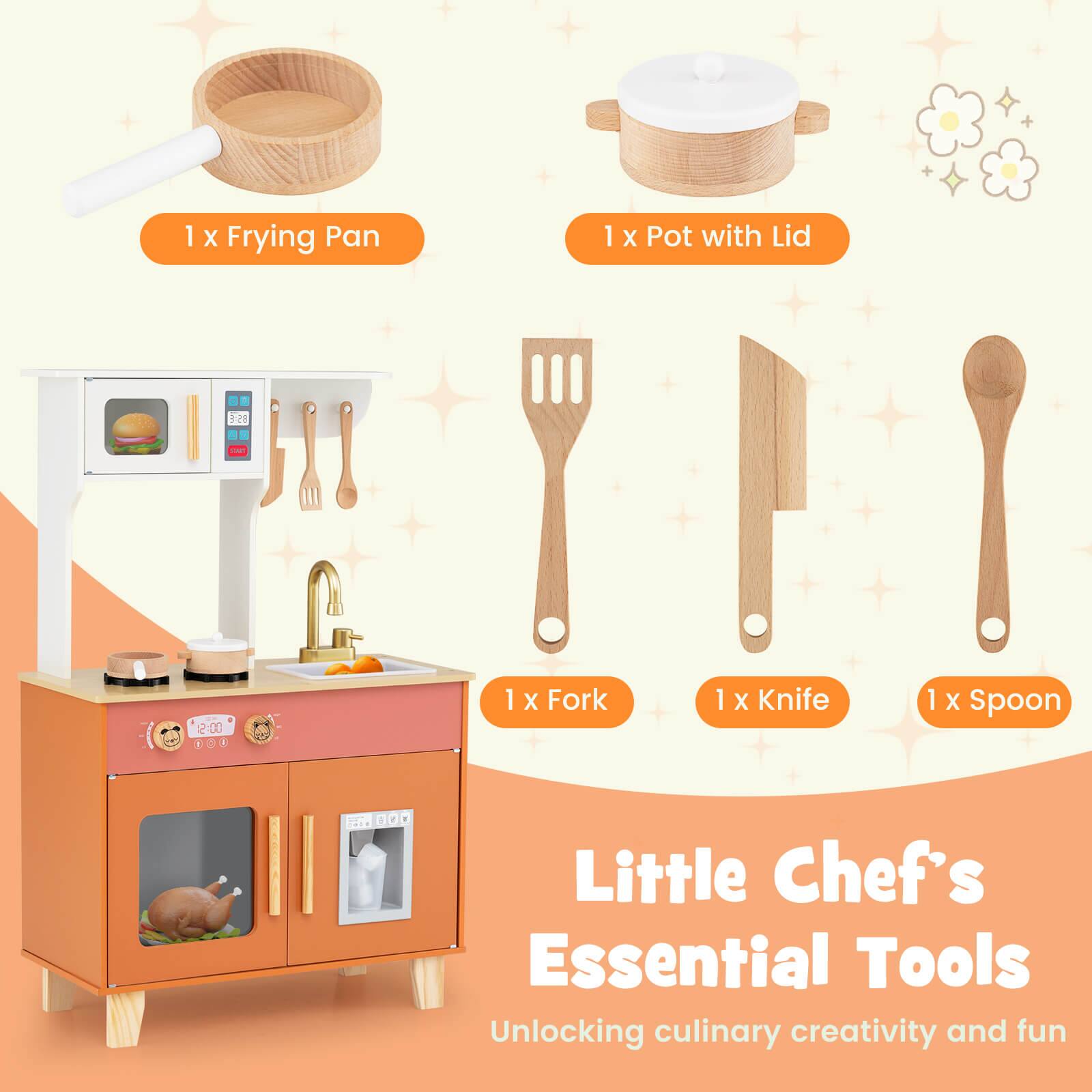 1 x Frying Pan  
1 x Pot with Lid  
1 x Fork  
1 x Knife  
1 x Spoon  

Little Chef's Essential Tools  
Unlocking culinary creativity and fun