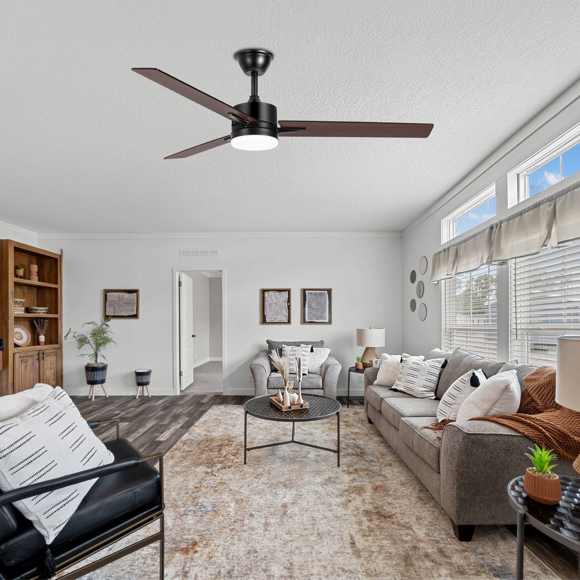 Alt View 2. Breezary - 52" Ceiling Fan with 3 Dual-Finish Blades, 3-Color Light, 6-Speed DC Motor, Remote Control with Timer & Memory - Matte Black and Dark Wood Grain.