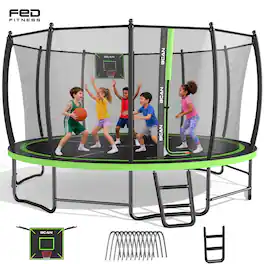 BCAN - 16FT Heavy-Duty Outdoor Trampoline with Ladder for kids, 1500 LBS Static Load, Reinforced Springs, Safety Enclosure Net - Black/green