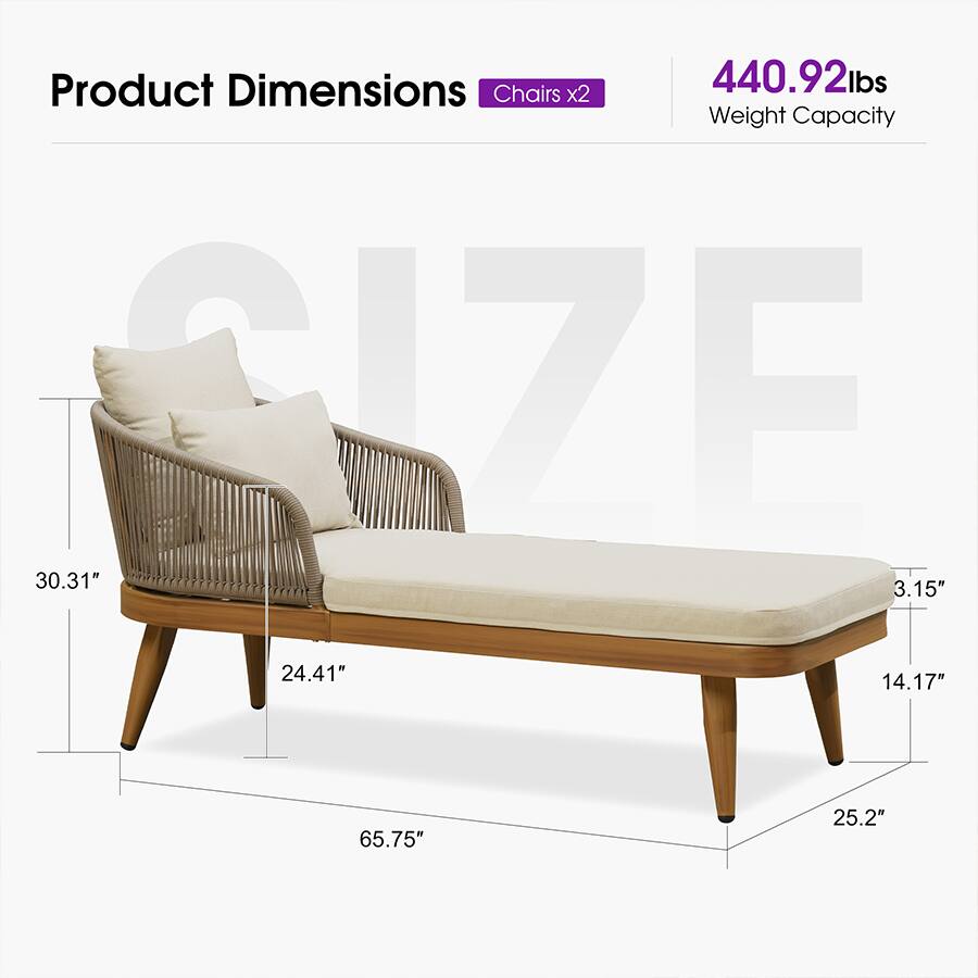 Product Dimensions: Chairs x2  
Weight Capacity: 440.92 lbs  
Dimensions: 30.31" x 24.41" x 65.75" x 14.17" x 25.2"