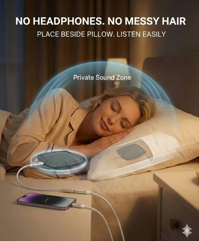 NO HEADPHONES. NO MESSY HAIR  
PLACE BESIDE PILLOW. LISTEN EASILY  
Private Sound Zone