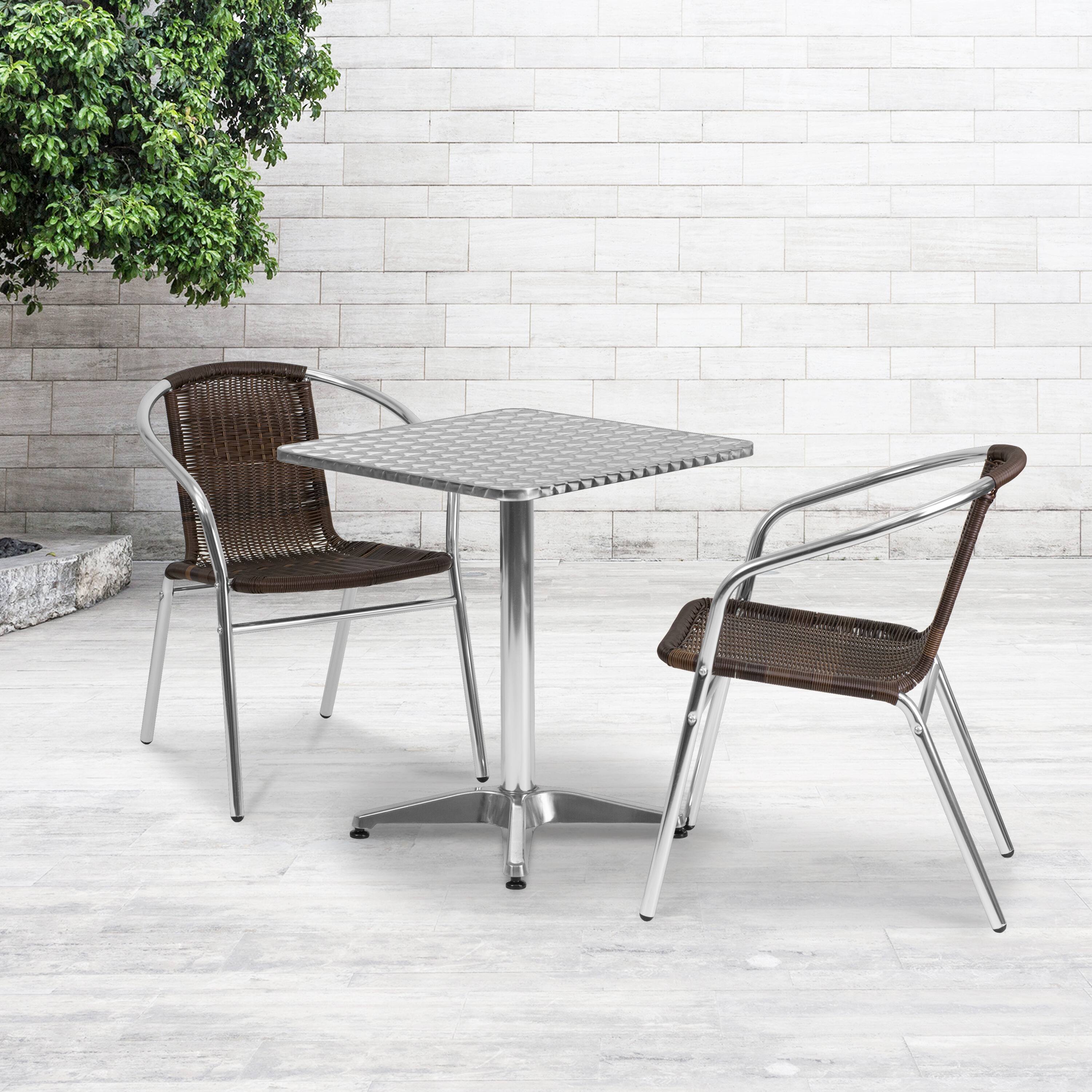 Alt View 1. Emma + Oliver - 23.5" Square Aluminum Garden Patio Table Set with 2 Rattan Chairs - Dark Brown.