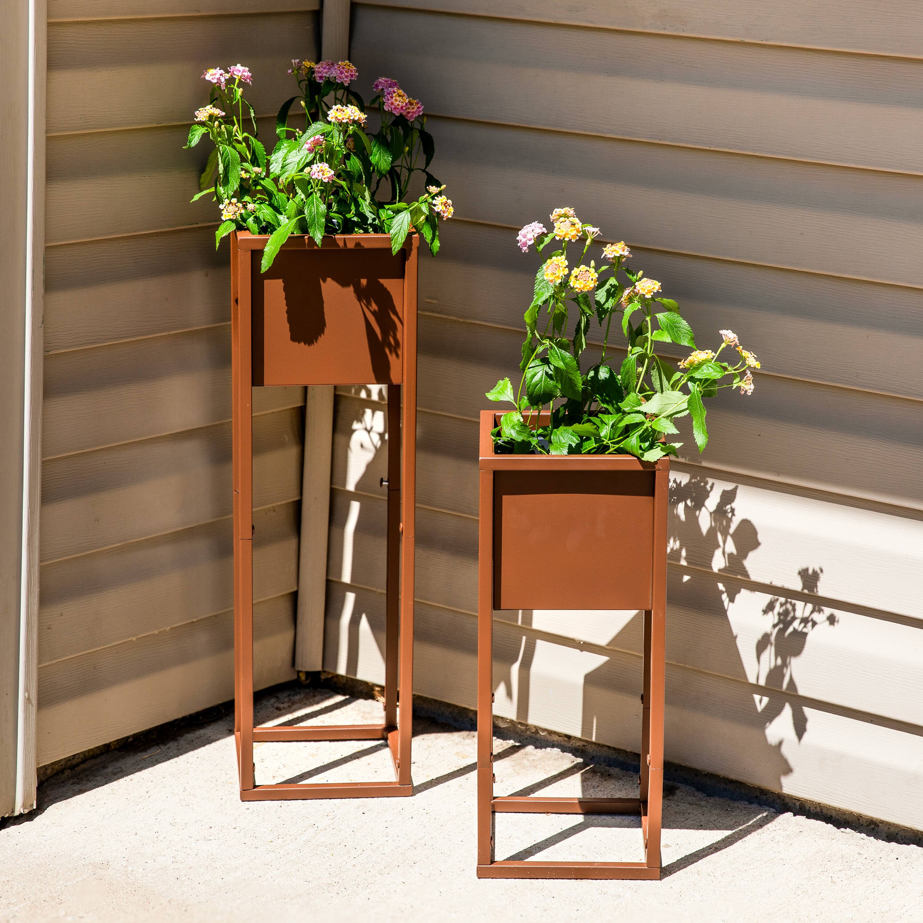 Alt View 1. Sunnydaze - Modern Simplicity 8.25" Square Planters - 19.75" H and 27" H - Brown.