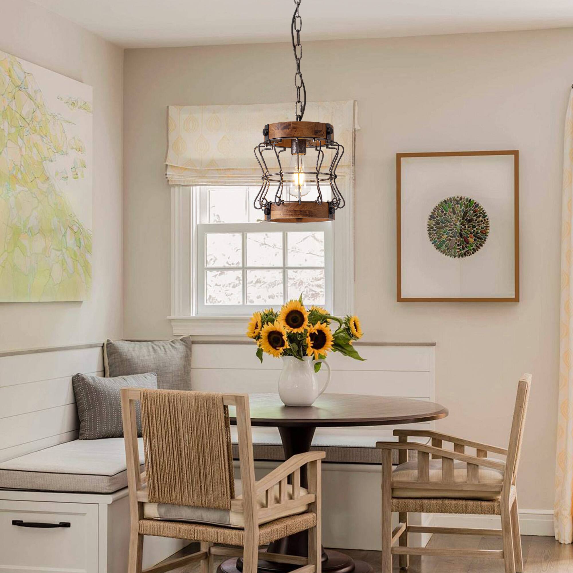 Back. Siljoy - 60W 1-Light Black Farmhouse Wood Kitchen Island Pendant Light with Burnt Wood Texture, 39 Inch Adjustable Chain - Black.