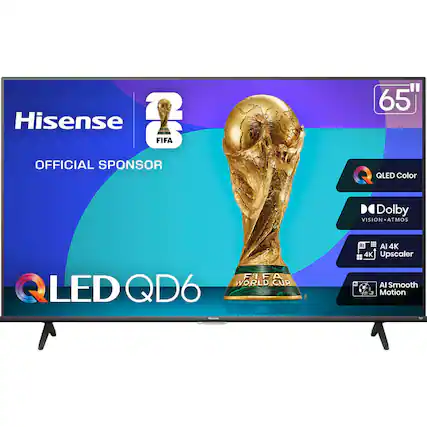Hisense 65" QLED QD6
FIFA OFFICIAL SPONSOR
QLED Color
Dolby Vision Atmos
AI 4K Upscaler
AI Smooth Motion