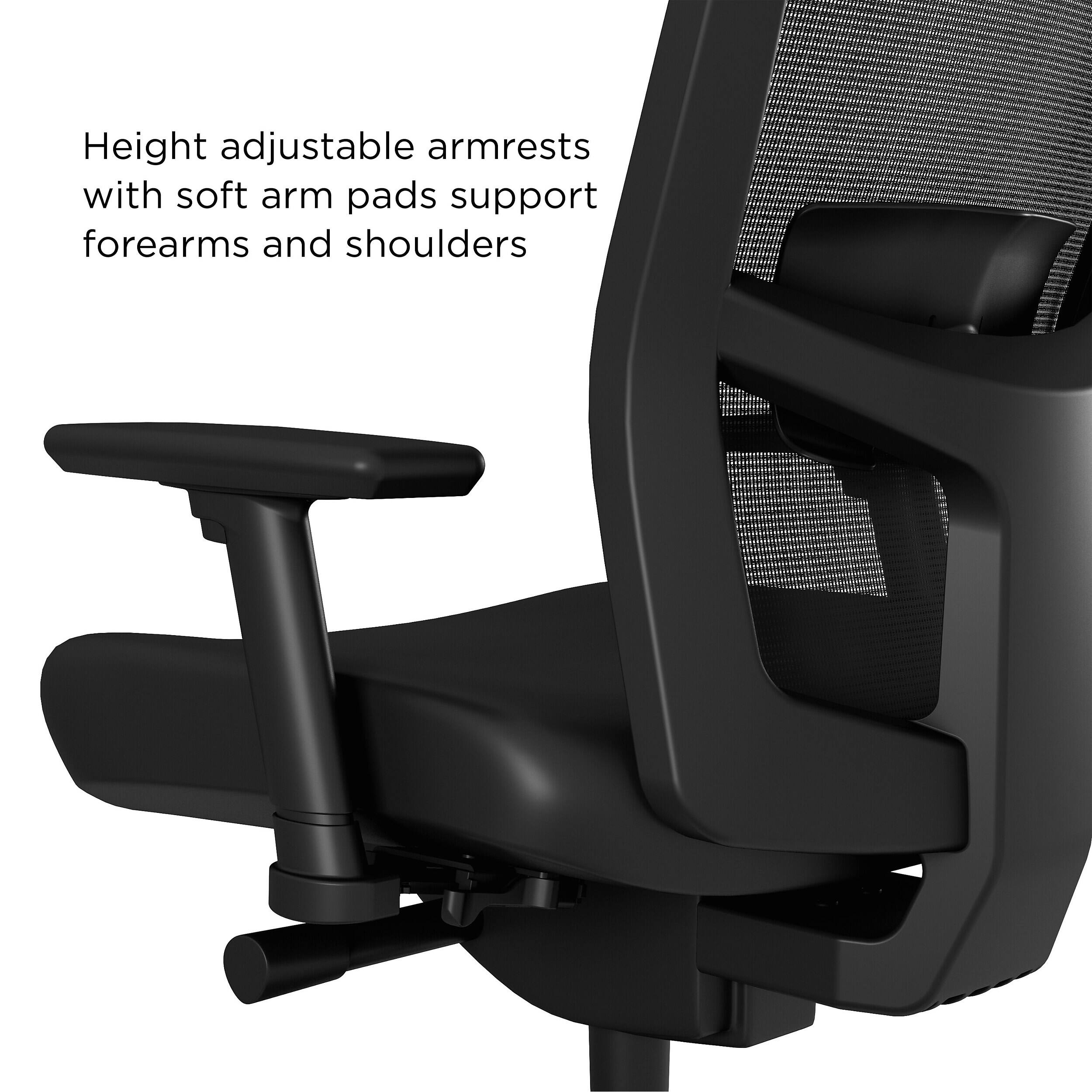 Height adjustable armrests with soft arm pads support forearms and shoulders