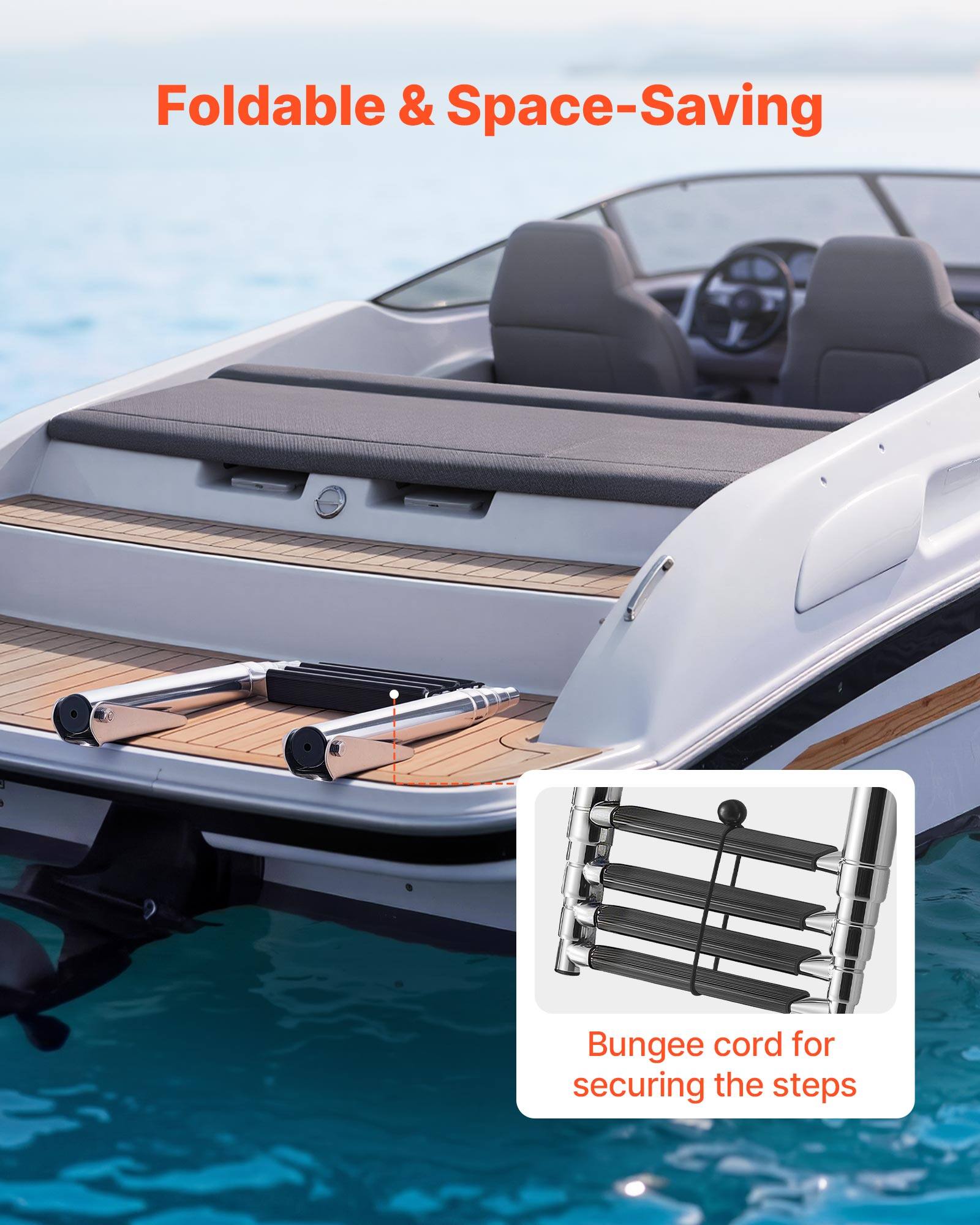 Foldable & Space-Saving

Bungee cord for securing the steps