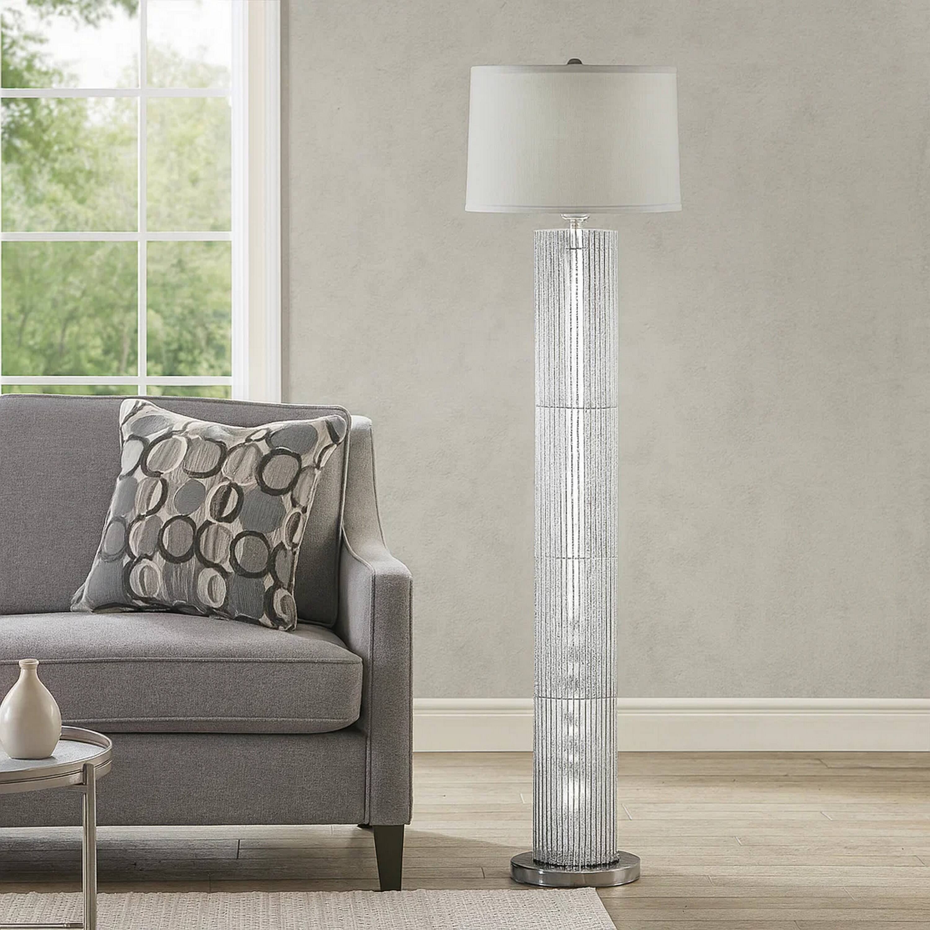 Alt View 2. Manhattan Lane - Jin 57 Inch Floor Lamp, Drum Fabric Shade, Modern Round Base.