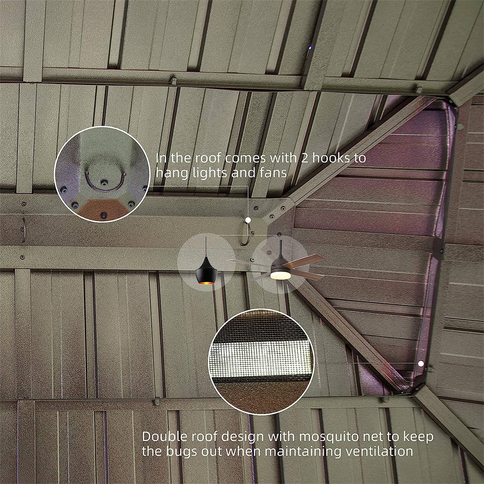 In the roof comes with 2 hooks to hang lights and fans.  
Double roof design with mosquito net to keep the bugs out when maintaining ventilation.