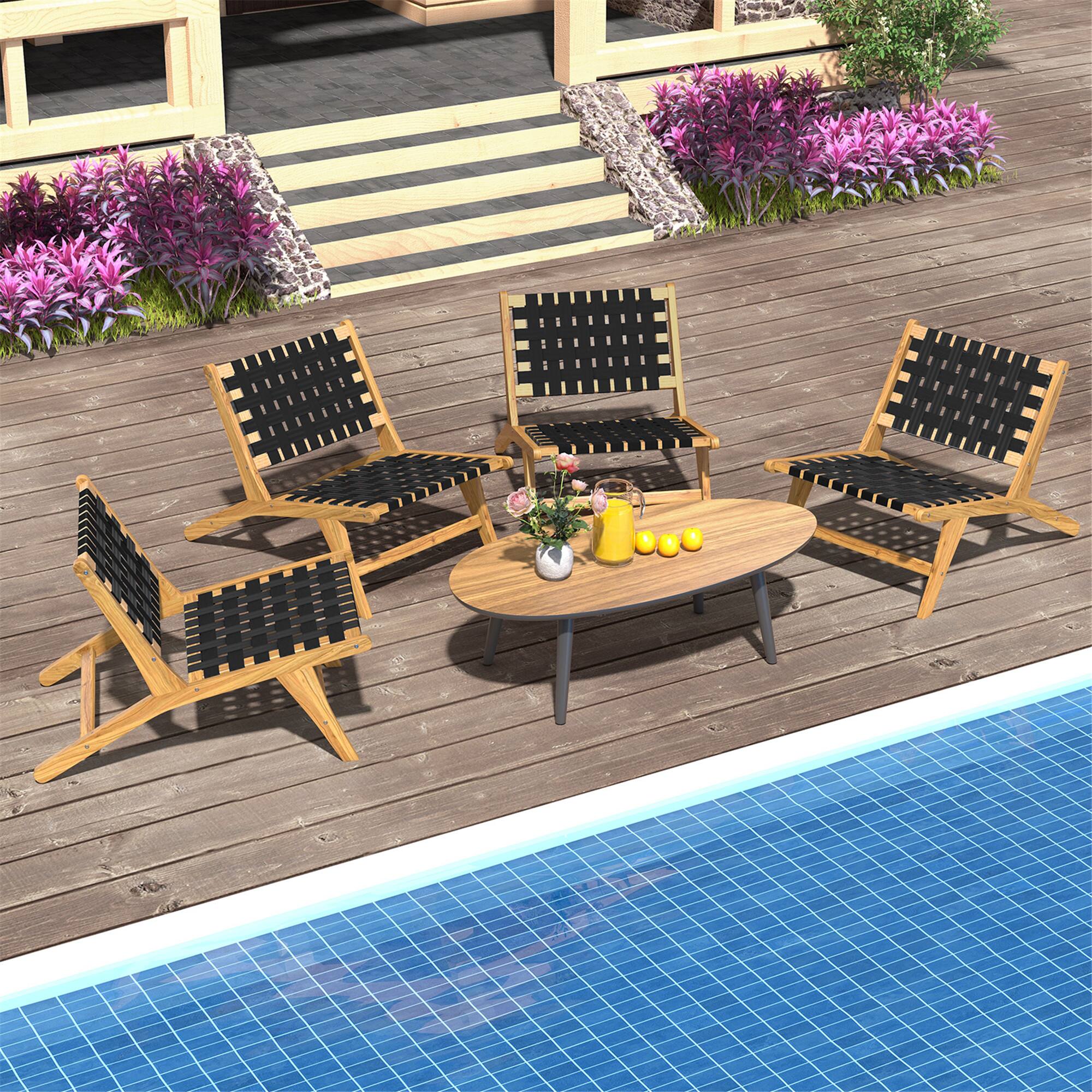 Alt View 5. Gymax - Gymax Teak Wooden Chair w/ Woven Webbing Seat & Backrest for Patio Mid Century Modern - Natural, Black.