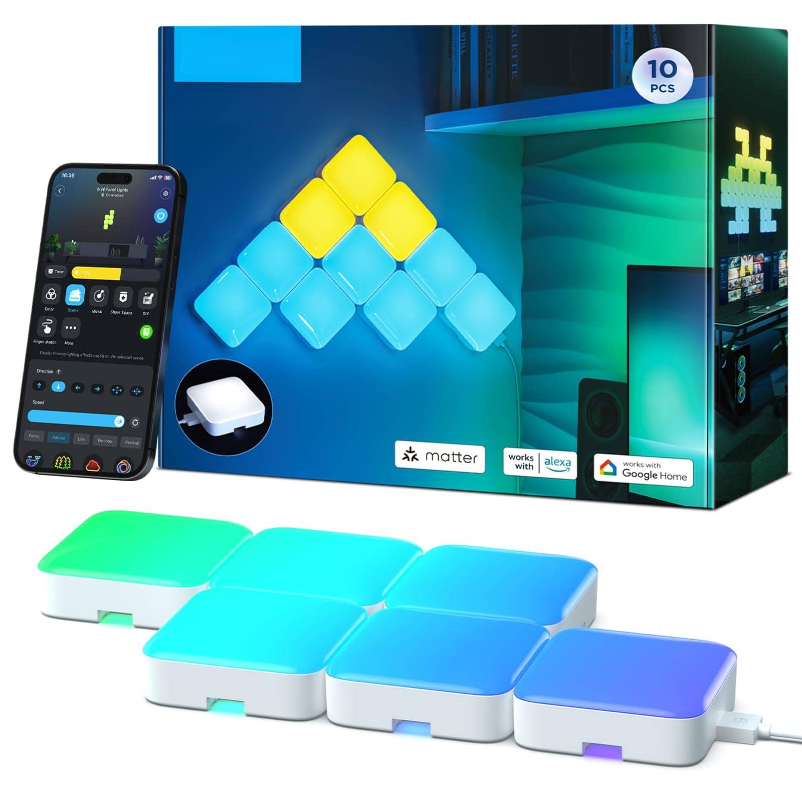 TECH SAFARI - Mini Panel Lights Rgbic Wall Smart Led Panels Works With Matter Alexa Assistant Sync Music Diy Gaming Light - 10 Pcs