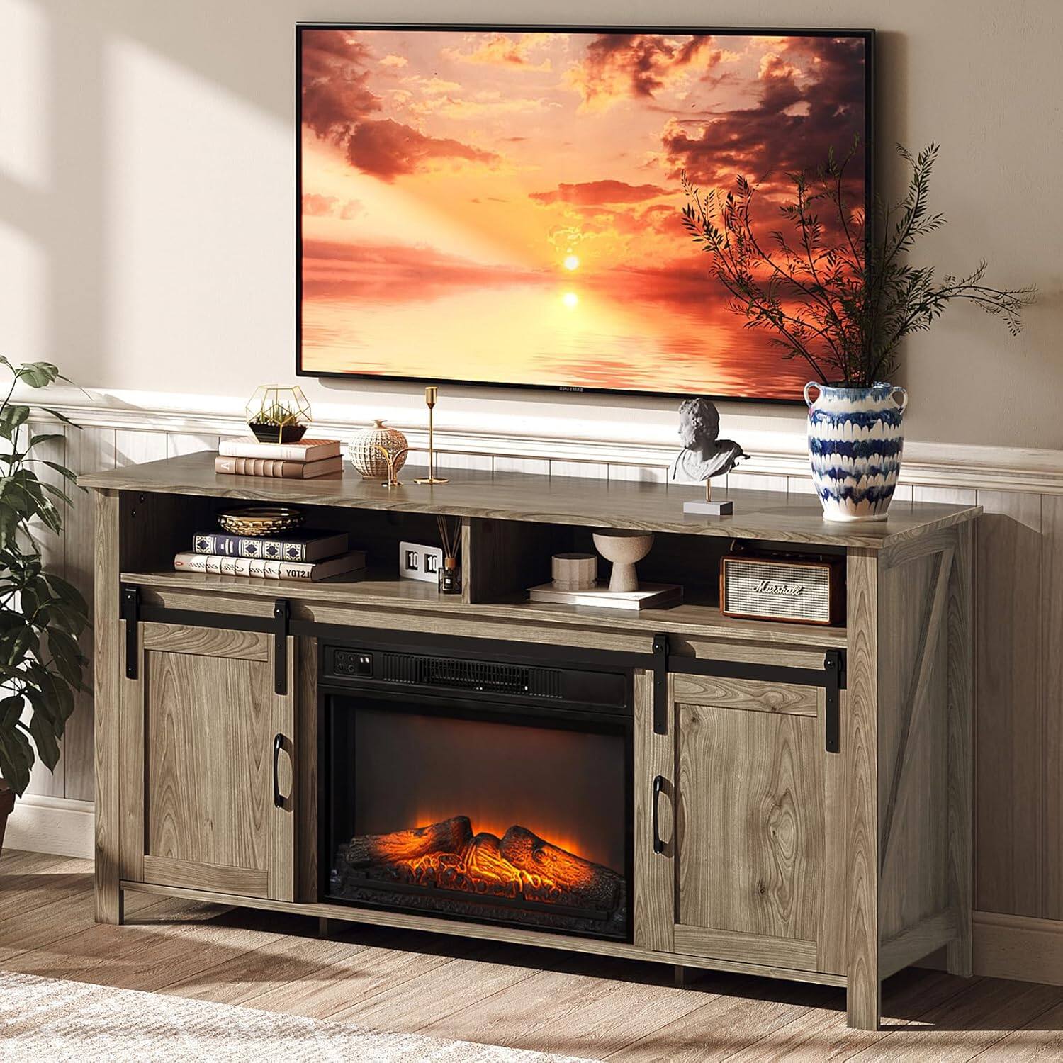 Alt View 1. Winado - Farmhouse 58" Fireplace TV Stand Entertainment Center with Storage & Adjustable Shelves, - Gray Oak.