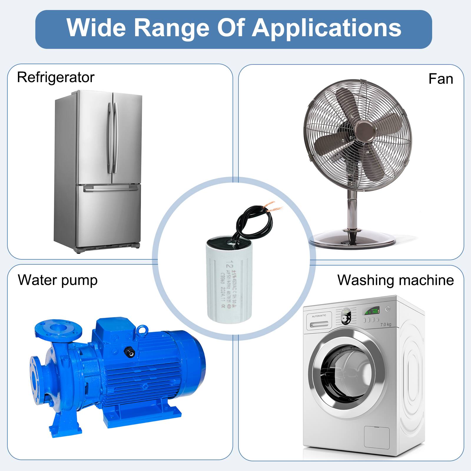 Wide Range Of Applications  
Refrigerator  
Fan  
Water pump  
Washing machine  

12 UF50NTH H1%43C  
2224.1  
RIA  
70 kg