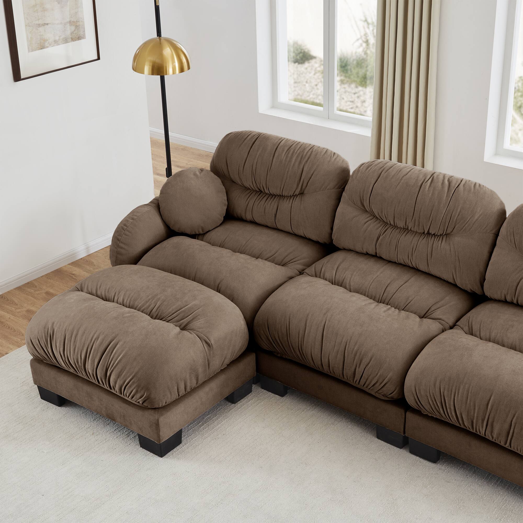 Alt View 1. Anysun - 4-Seater L Shape Sectional Couch with Ottoman, Chenille Fabric, High-Density Foam & Curved Armrests for Living Room - Brown.