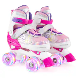 Costway - 4 Sizes Adjustable Quad Skates with Light-up Wheels Safety Protection for Ages 8-13 - Rose Red