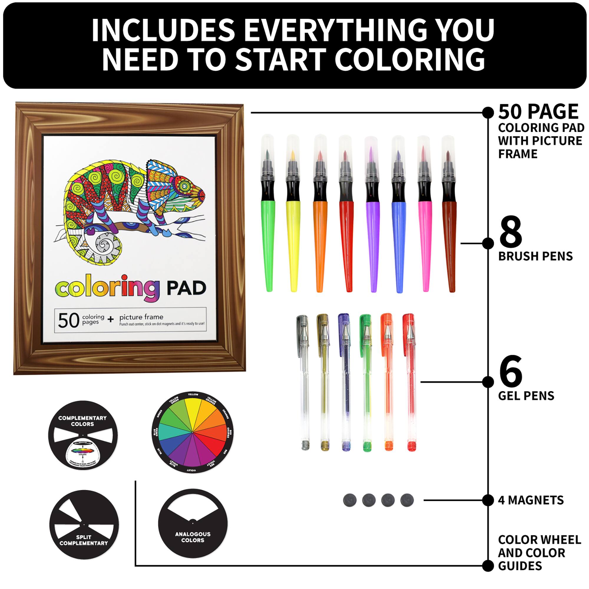 Includes Everything You Need to Start Coloring: 50 Page Coloring Pad with Picture Frame, 50 Pages, 8 Brush Pens, 6 Gel Pens, 4 Magnets, Split Complementary Analogous Colors Color Wheel and Color Guides.