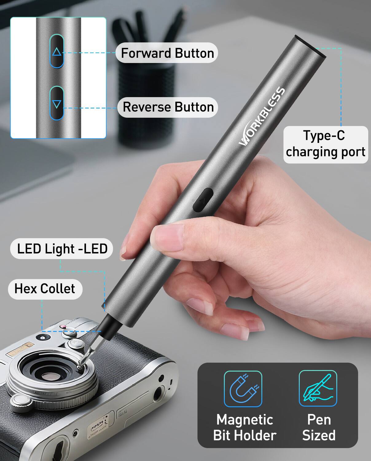 Forward Button  
Reverse Button  
WORKBLESS  
Type-C charging port  
LED Light - LED  
Hex Collet  
Magnetic Bit Holder  
Pen Sized
