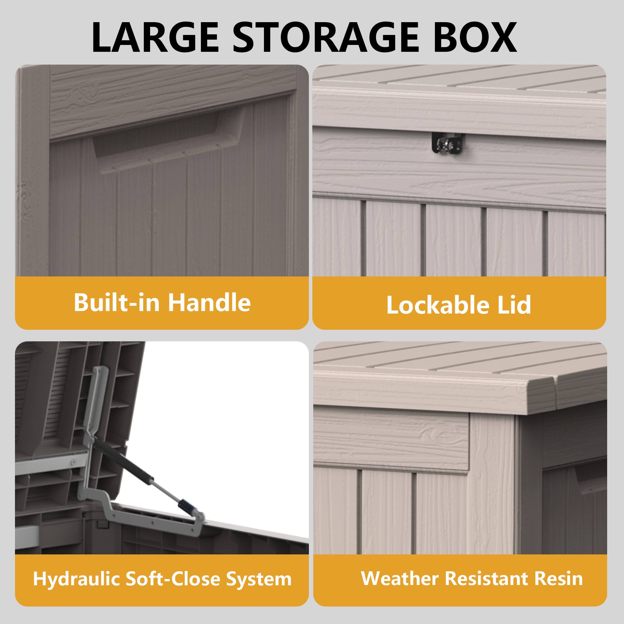 LARGE STORAGE BOX

- Built-in Handle
- Lockable Lid
- Hydraulic Soft-Close System
- Weather Resistant Resin