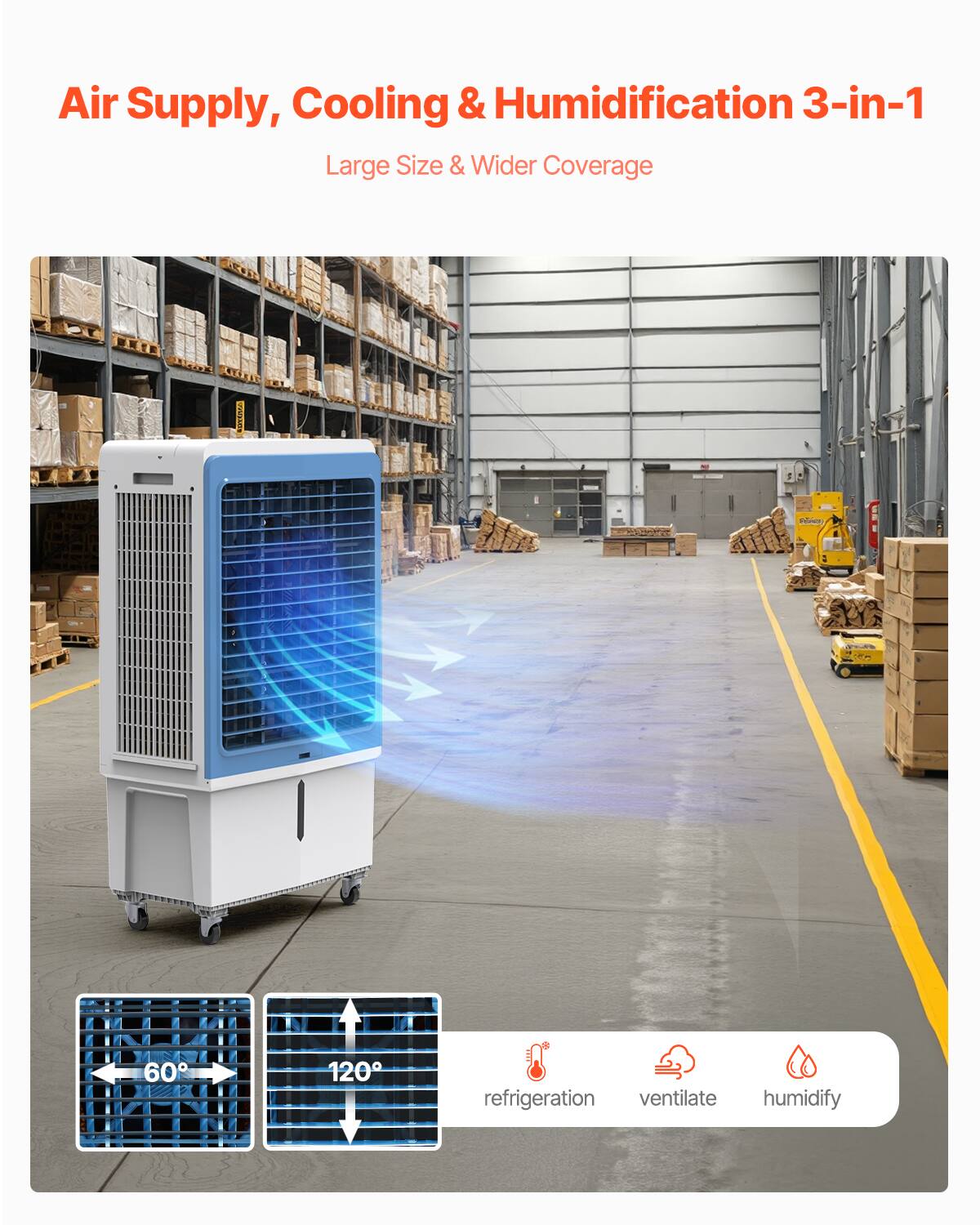 Air Supply, Cooling & Humidification 3-in-1  
Large Size & Wider Coverage  

60°  
120°  

refrigeration  
ventilate  
humidify