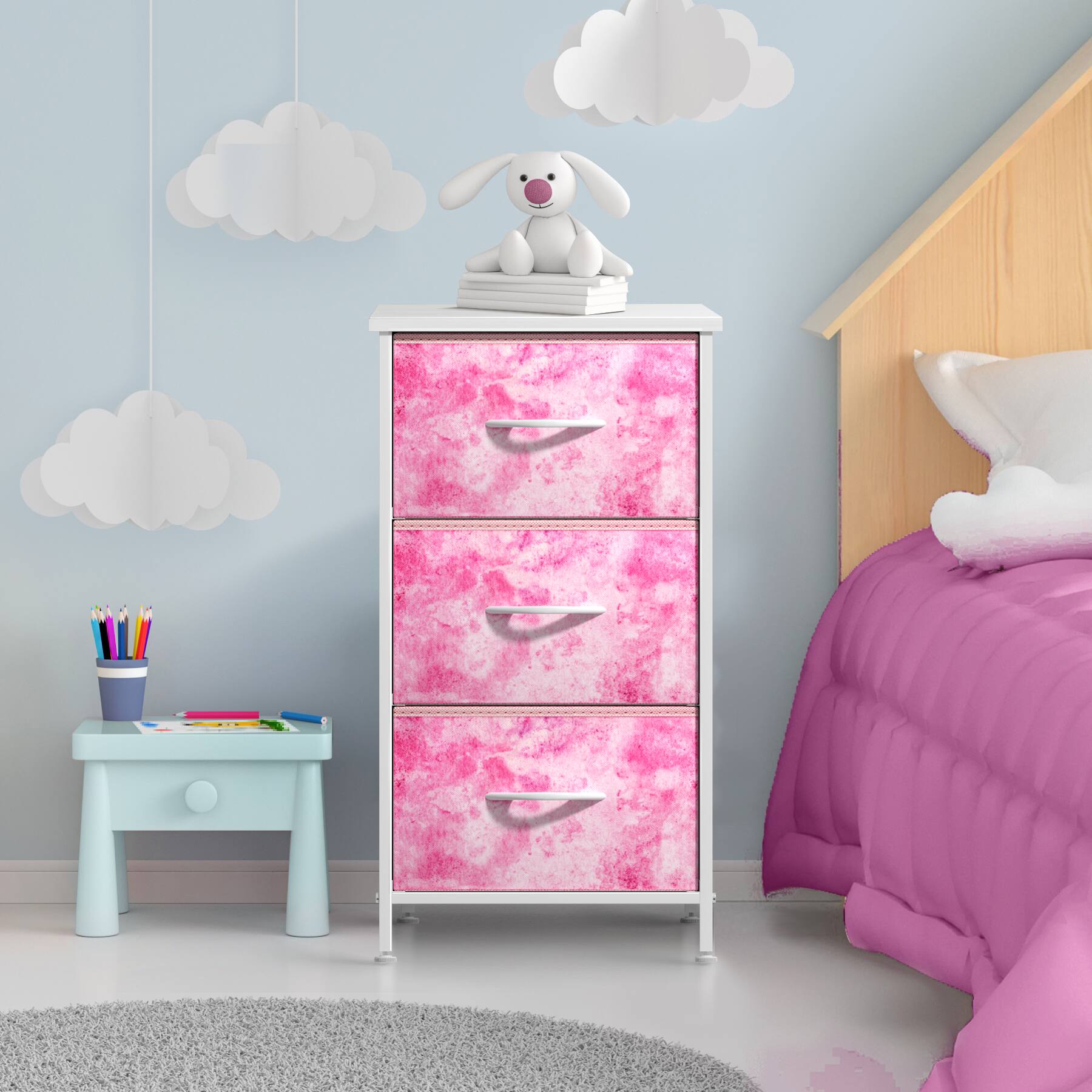 Angle. Sorbus - Sorbus Nightstand with 3 Drawers - Steel Frame, Wood Top &Fabric Bins -Home, Bedroom, Office & College Dorm, Bedside - Tie dye pink.