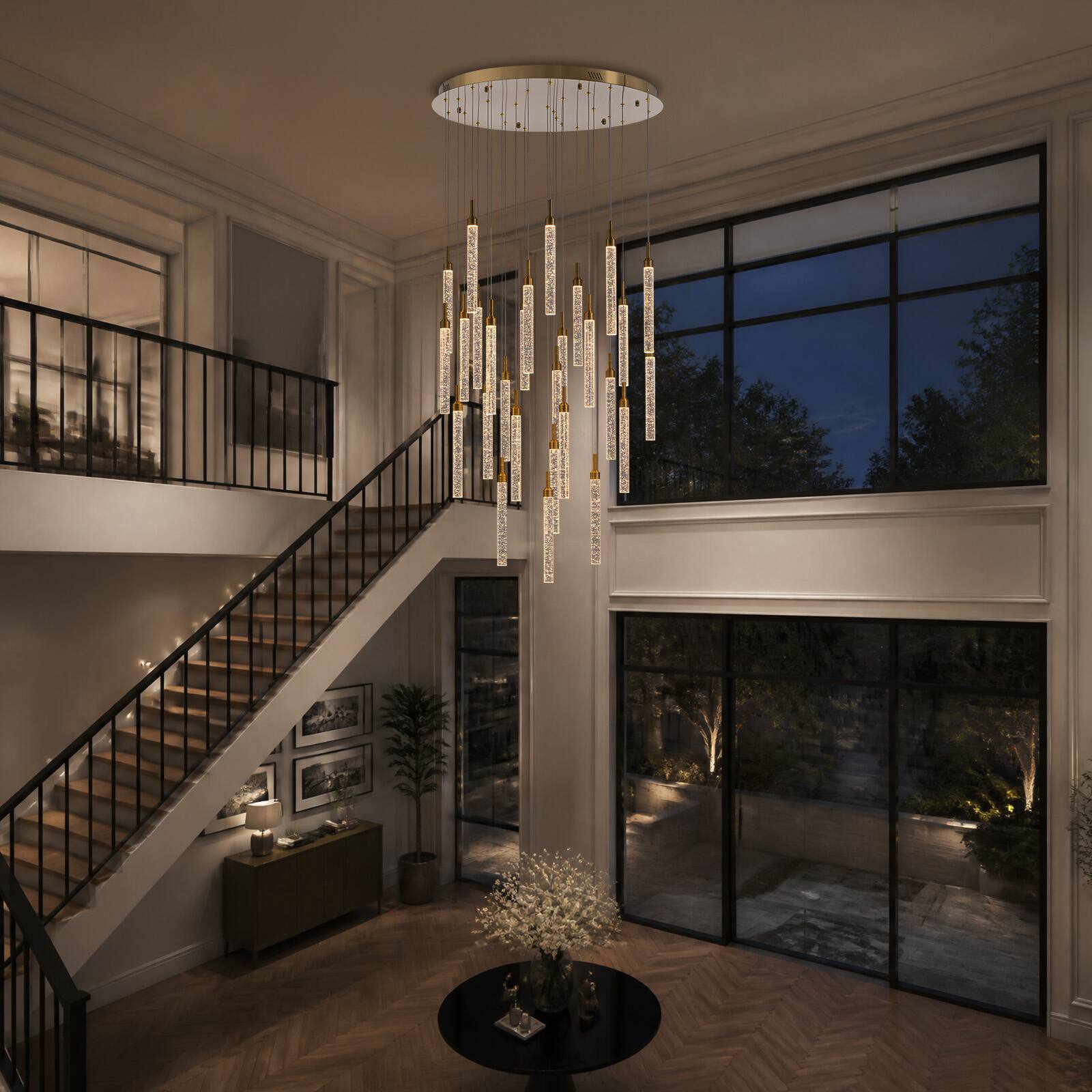 Alt View 2. Siljoy - 31.5-In Gold Bubble Glass Chandelier 28‑Light Adjustable Staircase Pendant Light for High Ceilings Foyer Living Room - Gold.