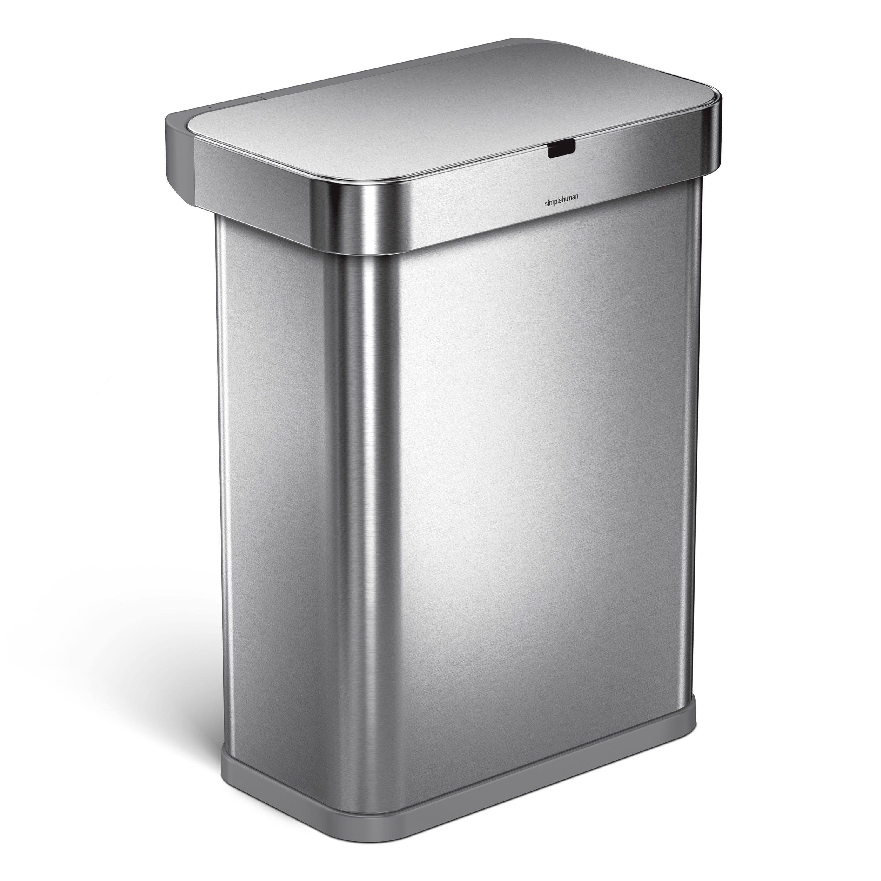 Front. simplehuman - 58L rectangular sensor can with voice and motion control, brushed stainless steel - Brushed.