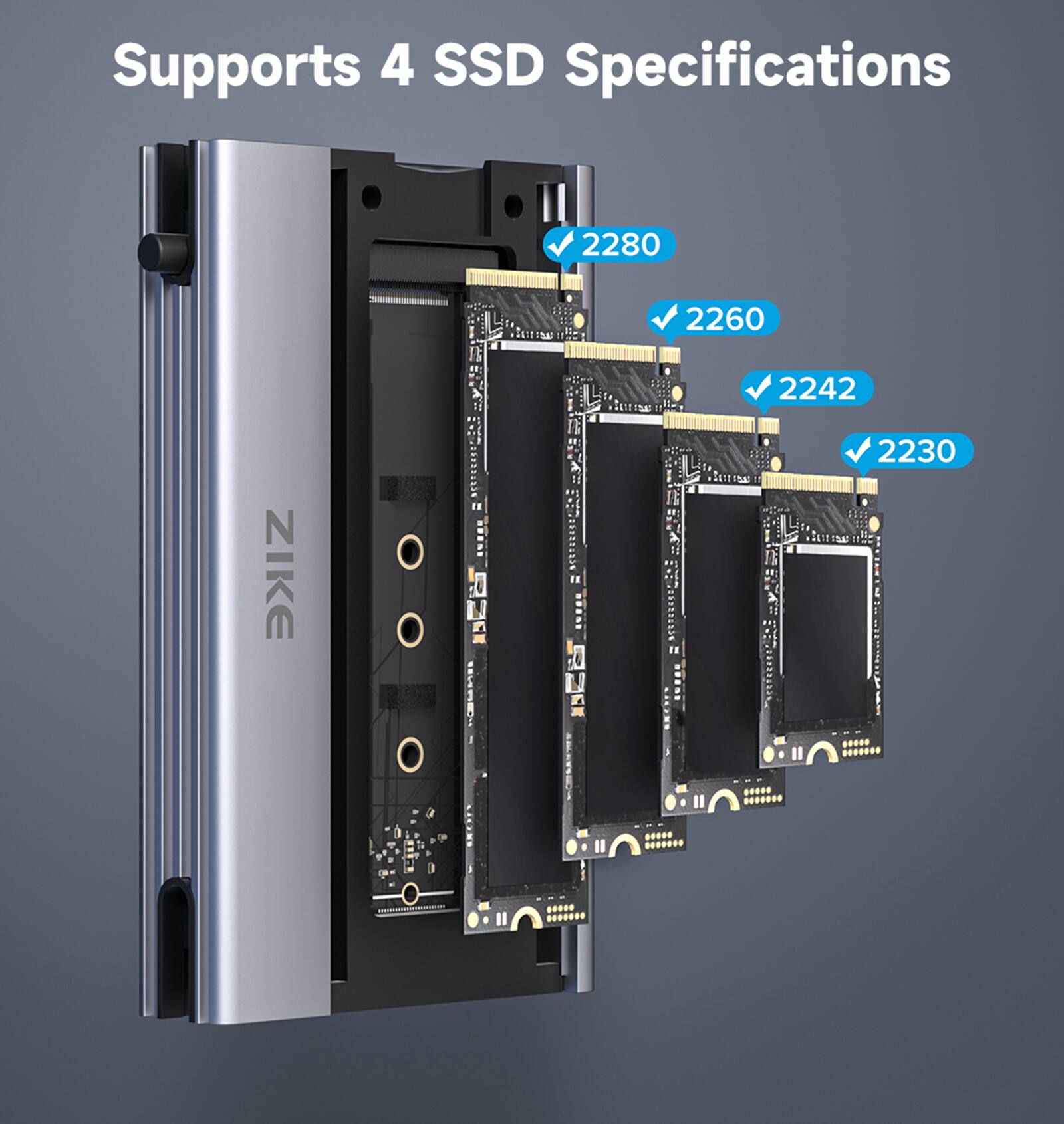 The image shows four ZIKE SSDs with various specifications, including 2280, 2260, 2242, and 2230.