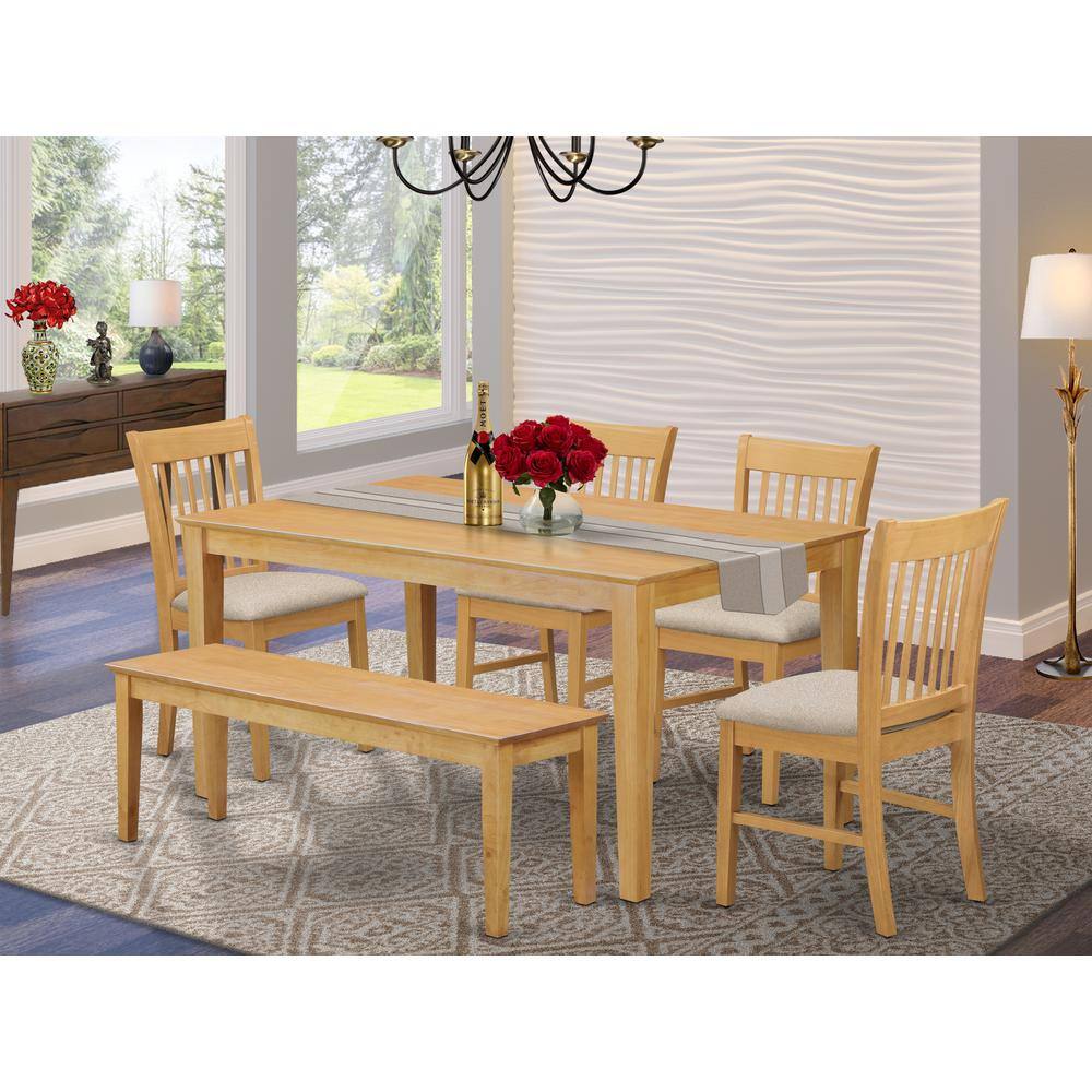 Left. East West Furniture - CANO6-OAK-C 6-Pc Dinette set - Dinette Table and 4 Dining Chairs coupled with Wooden bench - Oak.