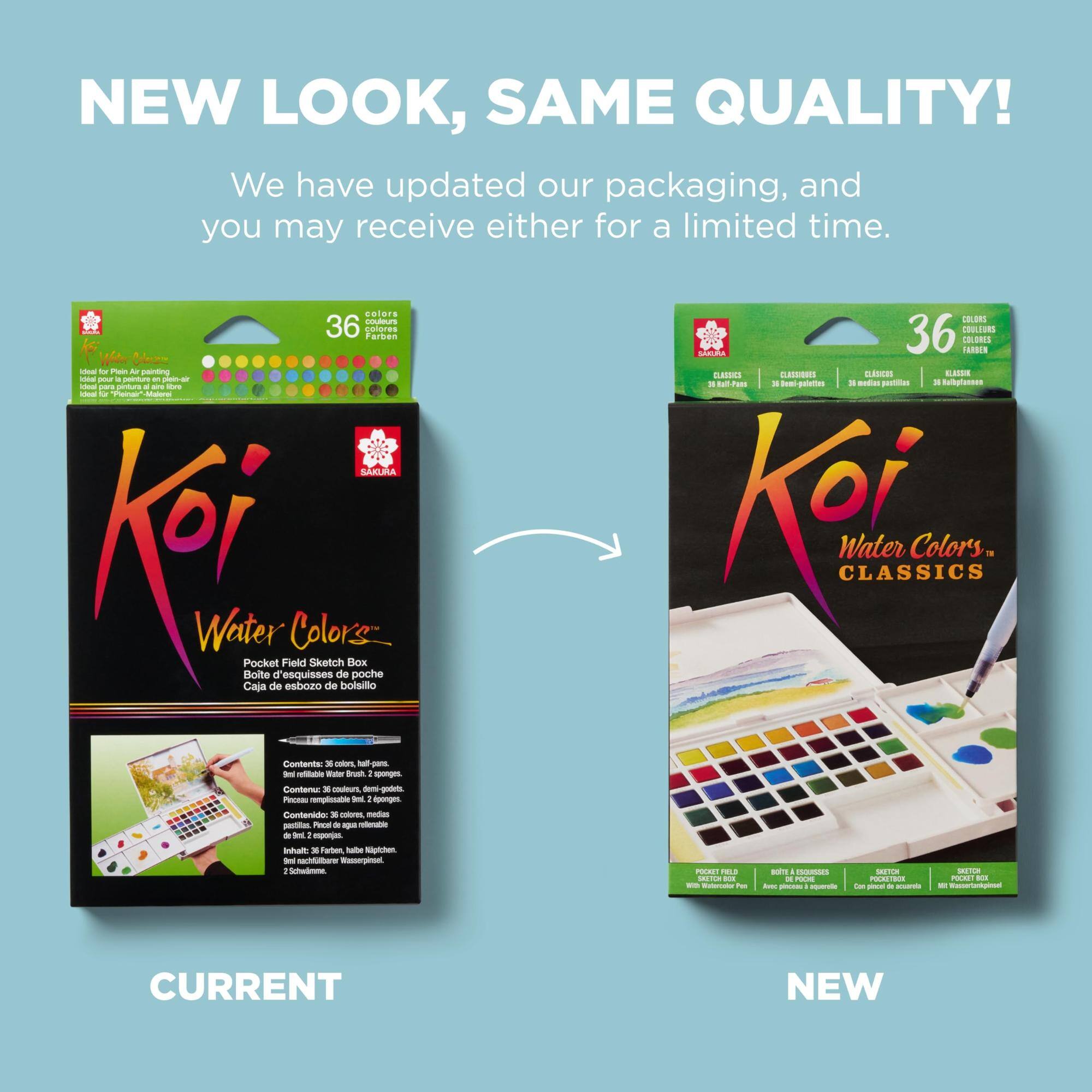 NEW LOOK, SAME QUALITY!  
We have updated our packaging, and you may receive either for a limited time.

colors couleurs 36 colores Farben  
With Colories Ideal br Plein Air painting dis pour a peinture on pen-air deal para pintura I sine libra deal the Pleinair*-Malerei SAKURA  
Water Caja Pocket Boite de d'esquisses Field esbozo Colors Sketch de de bolsillo Box poche  
Contents: 36 colors, half-pans. 9ml refillable Water Brush 1 sponges.  
Contenu: 36 couleurs, demi-godets. Pinceau remplissable 9mL I ponges.  
Contenido: 36 colories, medas pastillas. Pincel de agua rellenable de ml 2 esponjas.  
Inhalt: 36 Farben, habe Npichen. 9ml nachfüllbarer Wasserpinsel. Schwmme.

COLORS COULEURS SAKURA 36 COLORES FARBEN CLASSICS CLASSIONES CLSICOS KLASSIK  
36 36 Demi-galettes