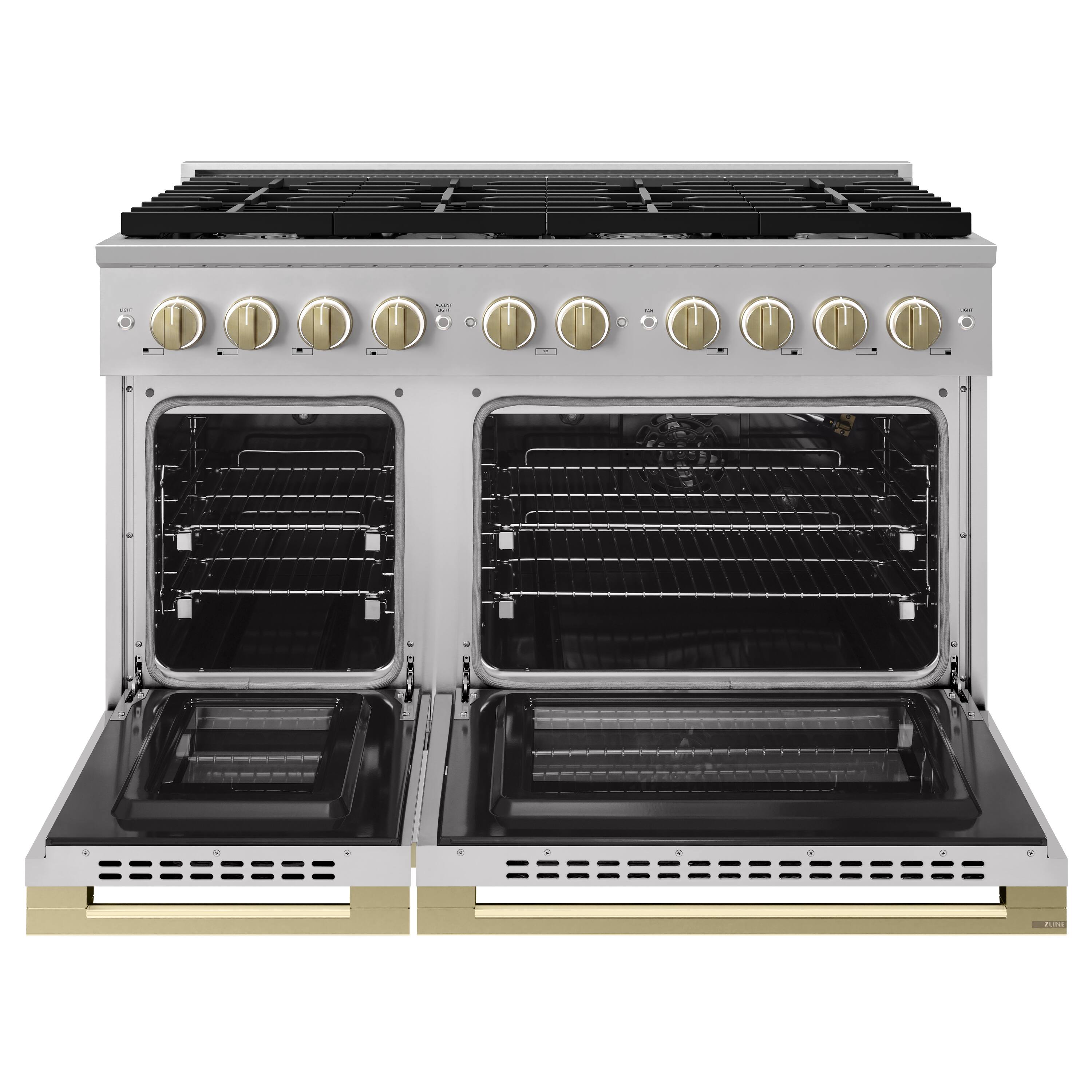 Angle. ZLINE - Autograph 48 in. 6.7 cu. ft. Marino Freestanding Double Oven Gas Range with 8 Burners and Bronze Accents - Stainless Steel.