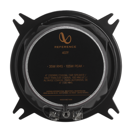 REFERENCE 407F  
35W RMS 105W PEAK  
4" (100MM) COAXIAL CAR SPEAKER / HAUT-PARLEUR COAXIAL 100 MM (4") / ALTAVOZ COAXIAL PARA AUTOMÓVIL DE 4" (100 MM)  
HARMAN INTERNATIONAL INDUSTRIES, INCORPORATED  
8500 BALBOA BLVD, NORTH RIDGE, CA 91329, UNITED STATES  
MADE IN VIETNAM