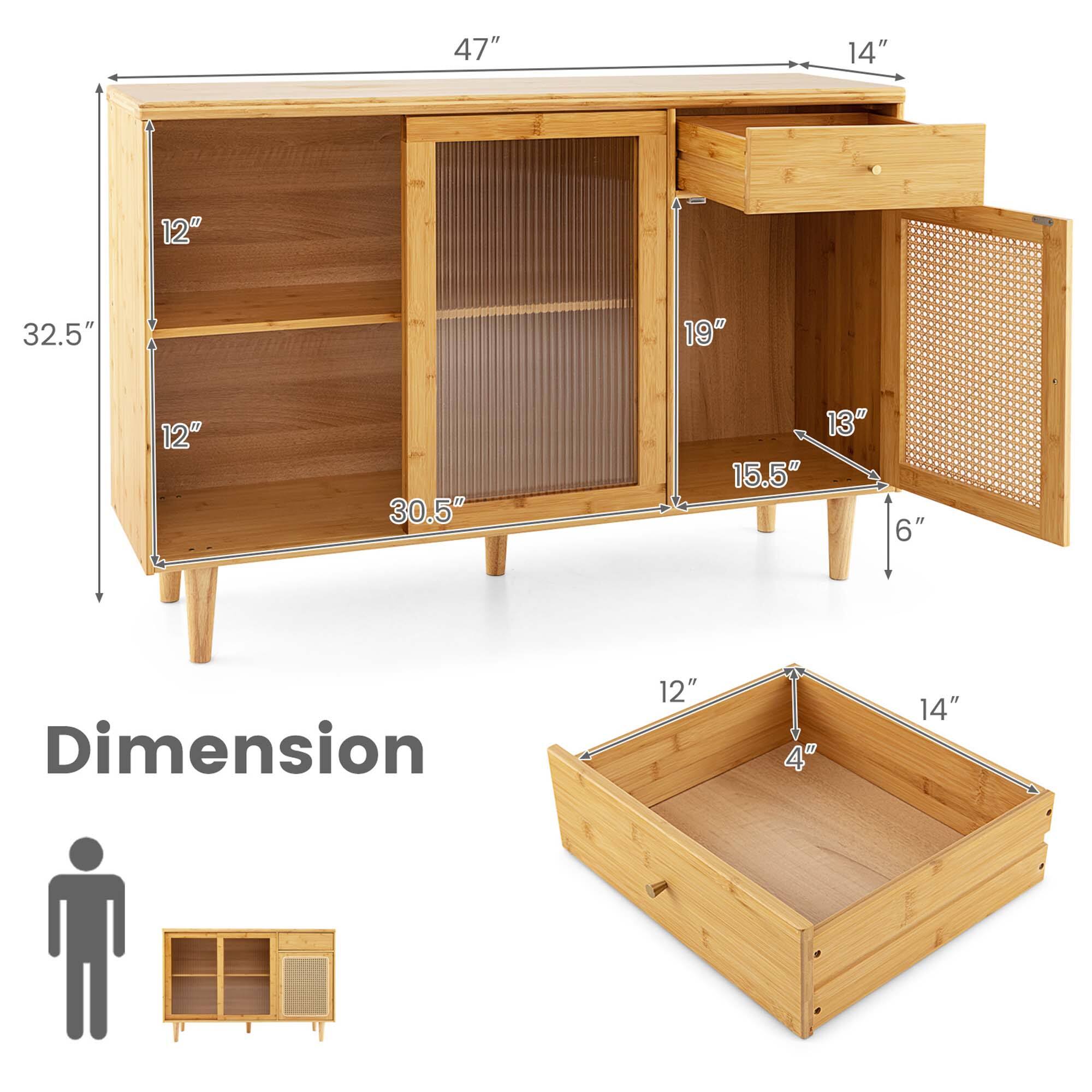 The image shows a wooden cabinet with a shelf and a drawer. The cabinet has a height of 47 inches, a width of 14 inches, and a depth of 12 inches. The shelf is 32.5 inches high, 19 inches wide, and 12 inches deep. The drawer is 13 inches high, 15.5 inches wide, and 6 inches deep. The image also includes a person for scale, indicating the size of the cabinet relative to a human.