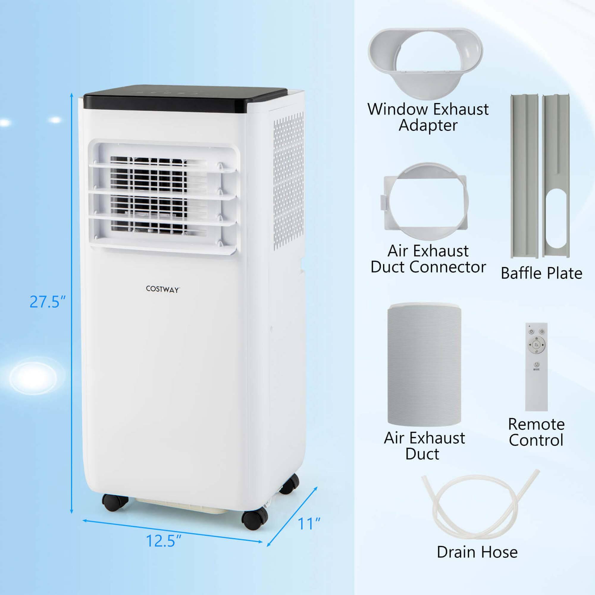 The image shows a white air conditioning unit with several accessories, including a window exhaust adapter, air exhaust duct connector, baffle plate, air exhaust duct remote control, and a drain hose. The unit is designed to provide efficient cooling and ventilation in a room. The accessories are meant to enhance the performance and convenience of the air conditioner, making it a versatile and practical solution for various indoor environments.