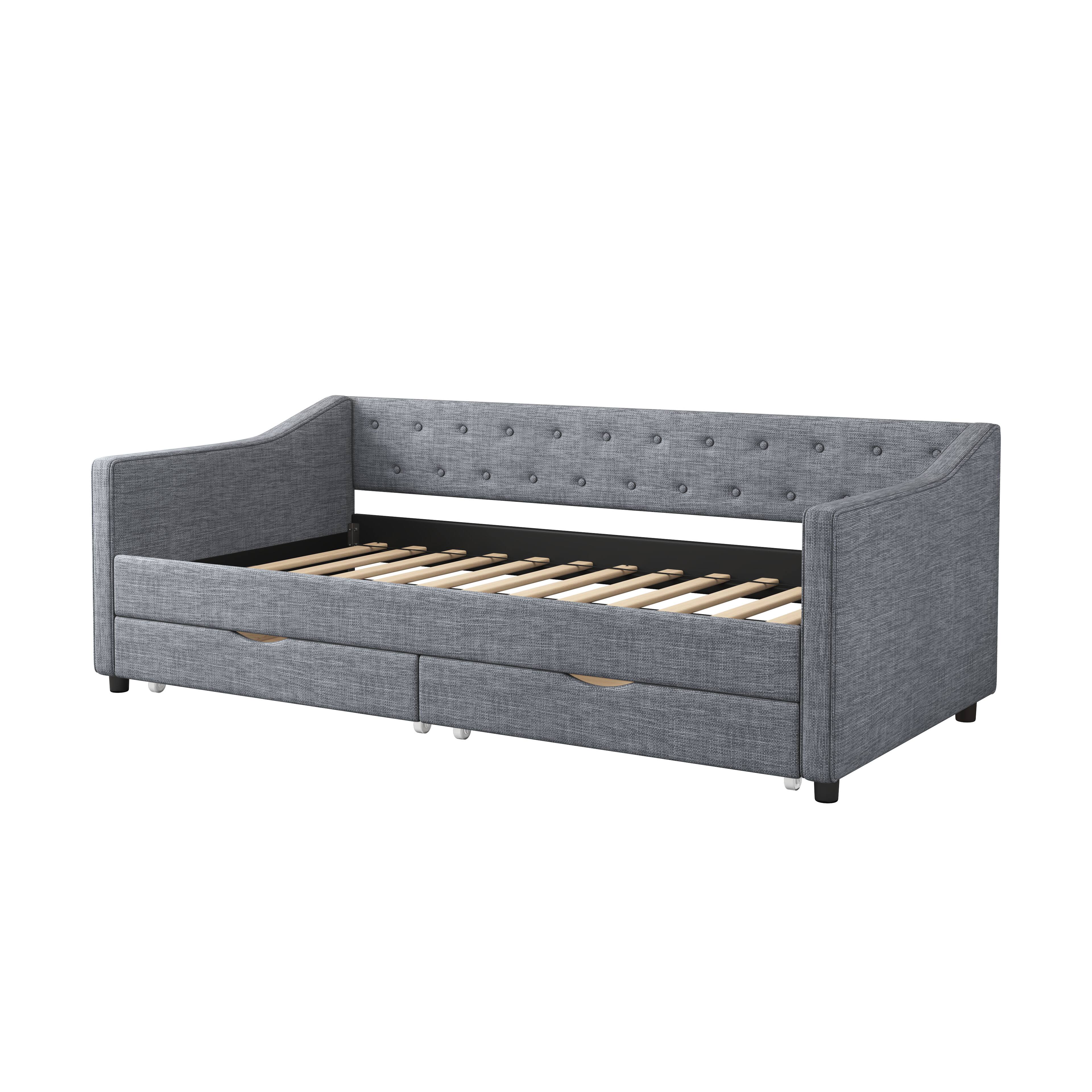 Back. Tiramisubest - Twin Size Daybed with Drawers Upholstered Tufted Sofa Bed, with Button on Back and Piping on Waved Shape Arms-Light Grey - LIGHT GREY.