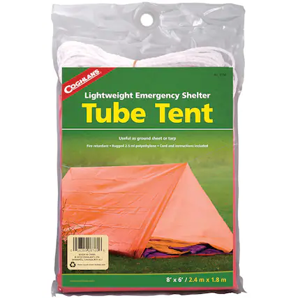 No. 5760 COGHLANS Lightweight Emergency Shelter Tube Tent
Useful as ground sheet or tarp
Fire retardant • Rugged 2.5 ml polyethylene
Cord and instructions included
5638 0760 2
MADE IN CHINA
2013 COGHLANS LTD WANPEG CANADA
www.coghlans.com
8' x 6' / 2.4 m x 1.8 m